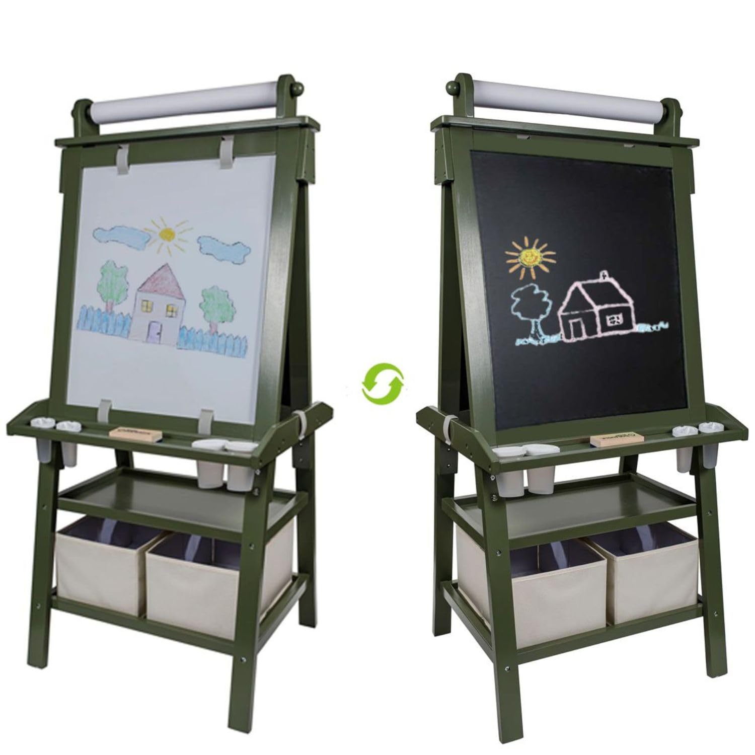 Little Partners Deluxe Learn 'N Play Toddler Easel - 2-Sided Kids Art Center with Chalkboard & Magnetic Whiteboard | Paper Roll, Storage Bins & Paint Cups | Perfect for Home, Preschool & Daycare (Olive Green)
