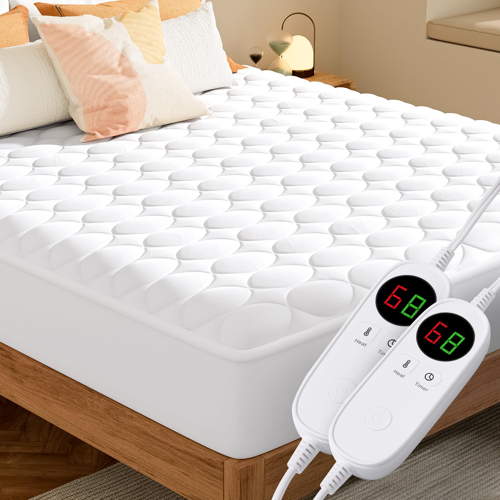 MASVIS Queen Size Heated Mattress Pad with Dual Zone Temperature Control - Quilted Electric Mattress Cover with Auto Shut Off - Deep Pocket Electric Bed Warmer for Winter - Machine Washable White Mattress Pad for Couples (Perfect for Cold Nights, Arthritis Pain Relief & Cozy Winter Sleep)