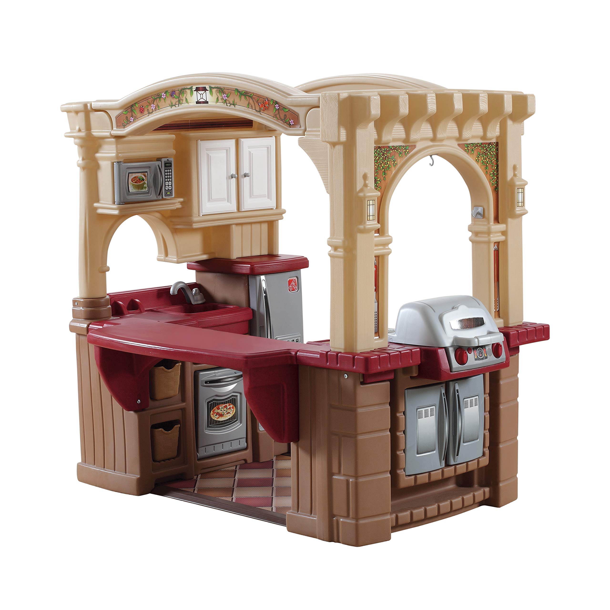 Step2 Grand Walk-In Kitchen & Grill Kids Playset - Indoor/Outdoor Pretend Play Kitchen with Lights & Sounds - 103-Piece Durable Plastic Toy Accessories for Toddlers Ages 2+ (Brown/Tan) - Perfect for Backyard, Playroom & Preschool Imaginative Play