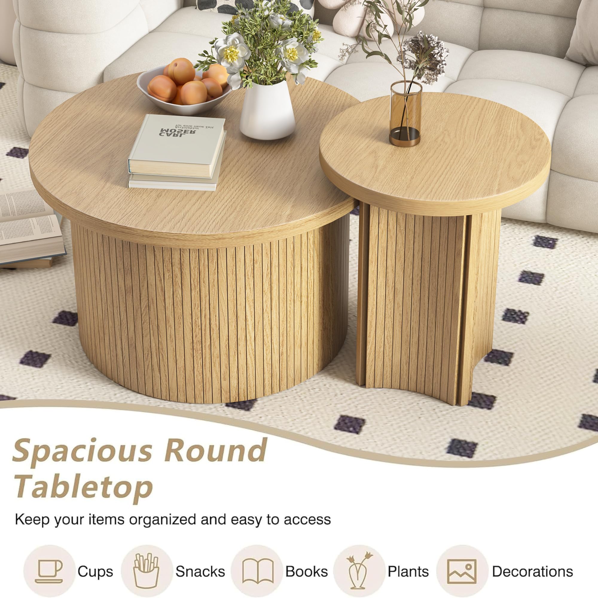 Set of 2 Round Nesting Coffee Tables - Farmhouse Style Wood Finish Living Room Side Tables for Sofa, Bedroom & Small Spaces (Large Size) - Perfect for Coffee, Books & Decor Display