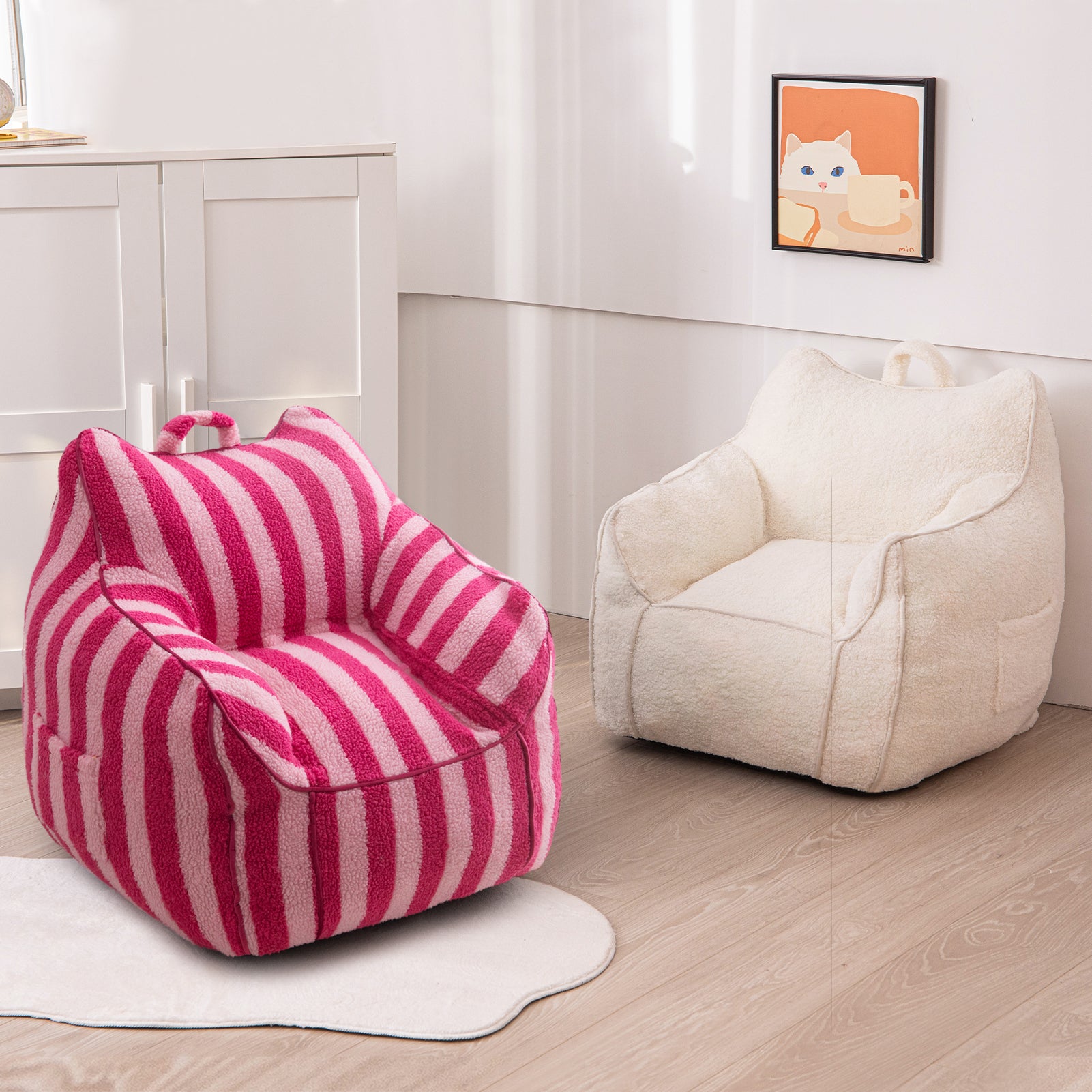 MAXYOYO Kids Bean Bag Chair - Sherpa Fabric Bean Bag Couch with Decorative Edges for Children's Room | Soft Pink Striped Design | Perfect for Playrooms, Bedrooms & Reading Nooks