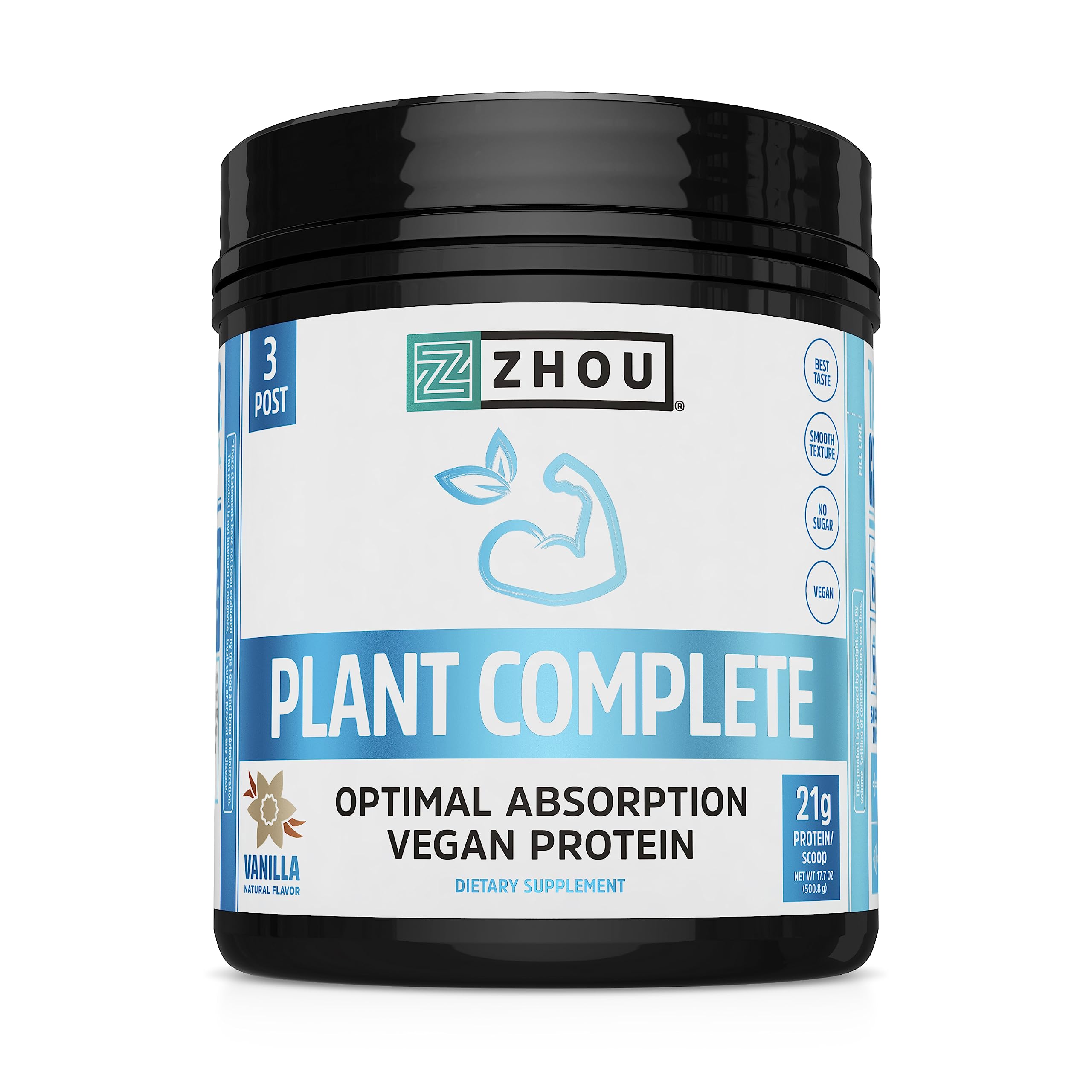 Zhou Nutrition Plant Based Vegan Protein Powder - Vanilla Flavor, 21g Protein per Serving, Dairy Free, Soy Free, Gluten Free, Sugar Free, Complete Amino Acid Profile, Easy Digestion & Absorption, 16 Servings - Perfect for Post-Workout Recovery, Smoothies & Healthy Meal Replacement