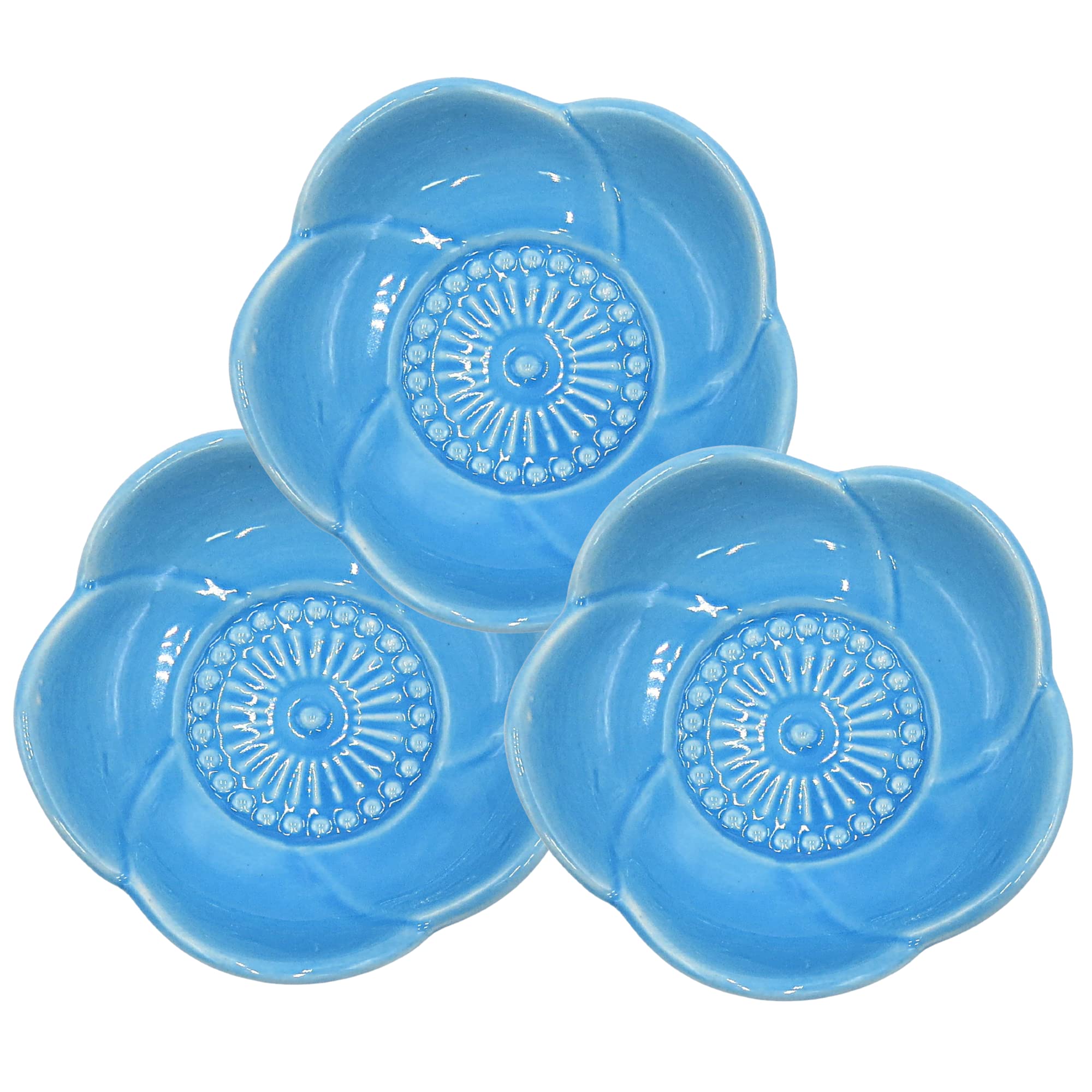 Needzo 3-Piece Tiny Ceramic Blue Flower Bowls Set - Mini Condiment Dishes for Soy Sauce, Dipping, Charcuterie - Perfect for Kitchen, Party Serving & Home Decor (3 Inches Diameter) - Ideal for Sushi Nights, Appetizer Platters & Elegant Table Settings