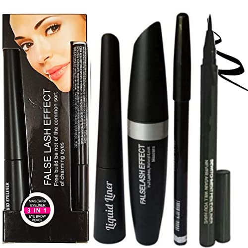 Waterproof Eyeliner, Mascara, Eyebrow Pencil & Kajal Set of 4 - Smudge-Proof Long Lasting Makeup Kit for Party, Wedding & Everyday Wear