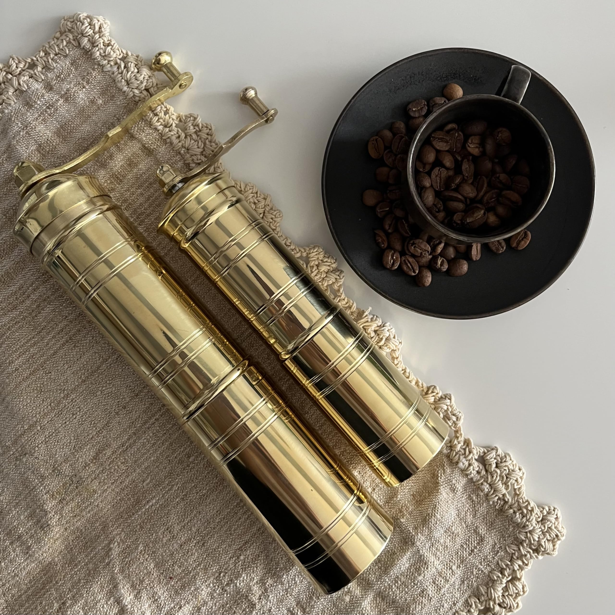 Premium Set of 2 Turkish Brass Coffee Grinders - Hand Crank Manual Coffee Mill with Ergonomic Handle & Fixed Top - Perfect for Espresso, Turkish Coffee & Spice Grinding - Ideal for Home Kitchen, Coffee Shop & Camping Use