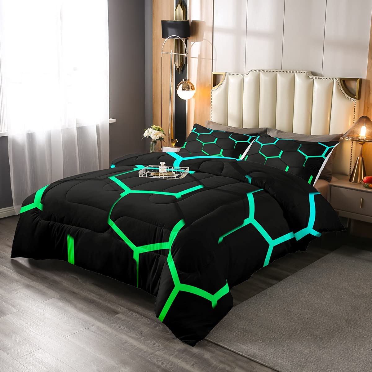 Modern Hexagon Black Comforter Set - Geometric Honeycomb Bedding for Boys, Men & Adults - Microfiber Twin Size Quilt with Neon Light Accents - Perfect for Contemporary Bedroom Decor & Teen Room Makeovers