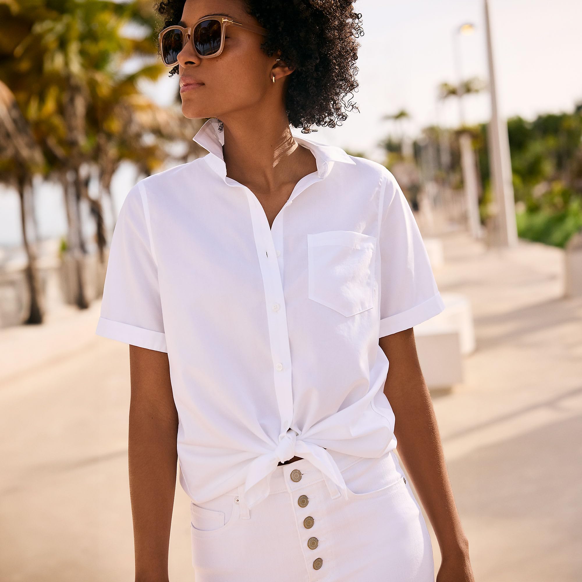 Lands' End Women's Short Sleeve No Iron Shirt - Wrinkle-Free Comfort for Work & Travel | Breathable Cotton Blouse for Office & Casual Wear