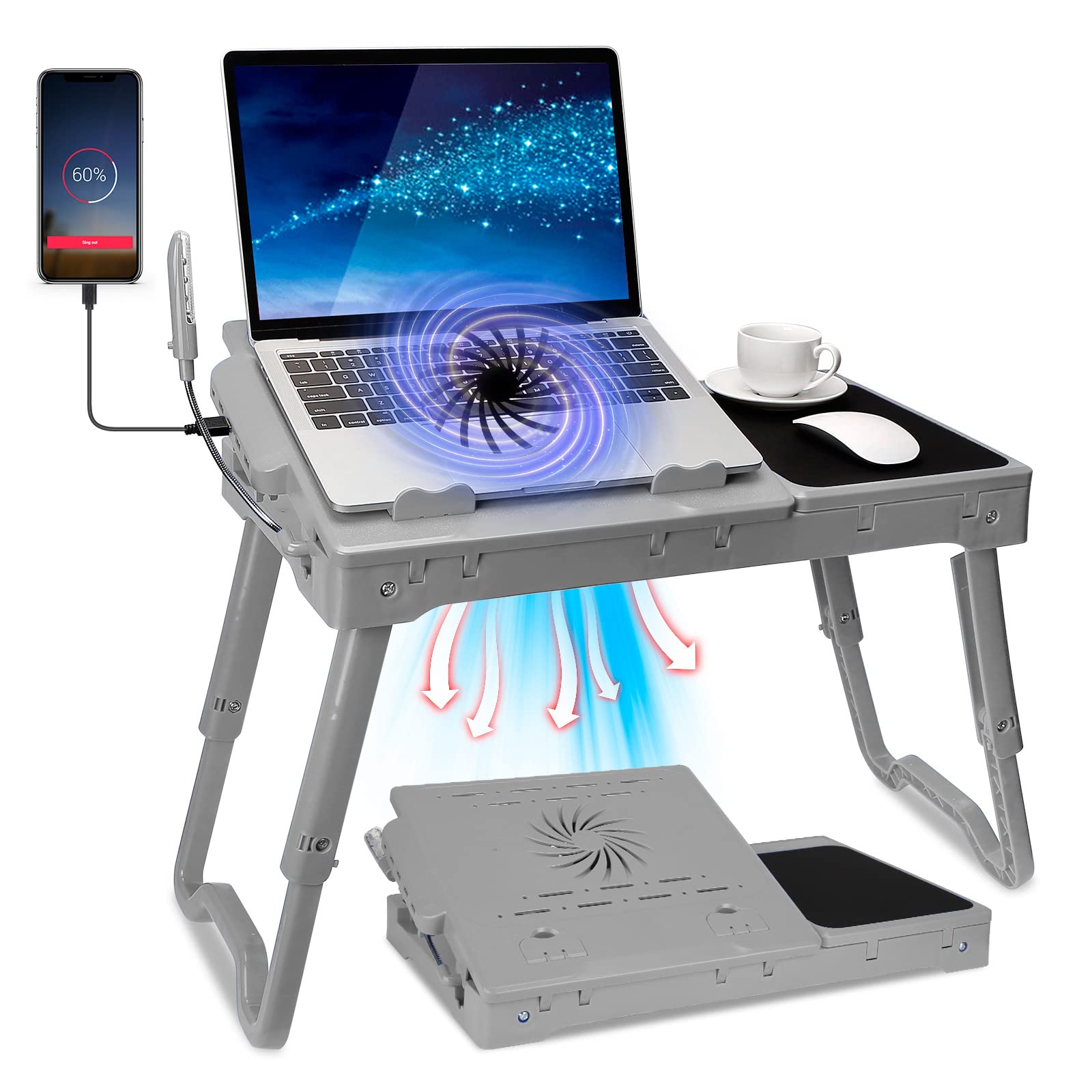 Adjustable Laptop Stand with Cooling Fan & Mouse Pad - Foldable Lap Desk with LED Light & 4 USB Ports - Portable Laptop Table for Bed, Couch, Sofa & Floor Use (Grey) - Perfect for Work, Gaming & Streaming in Bed or Living Room