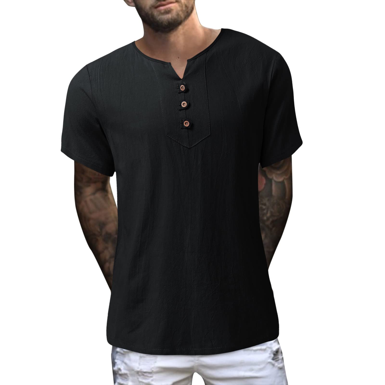 Men's Casual Long Sleeve V-Neck Henley Shirt - Button Up Cotton Linen Top for Work, Business, Beach & Yoga - Comfortable & Breathable Polo Shirt for Teen Boys & Men - Perfect for Office, Outdoor Activities & Relaxation