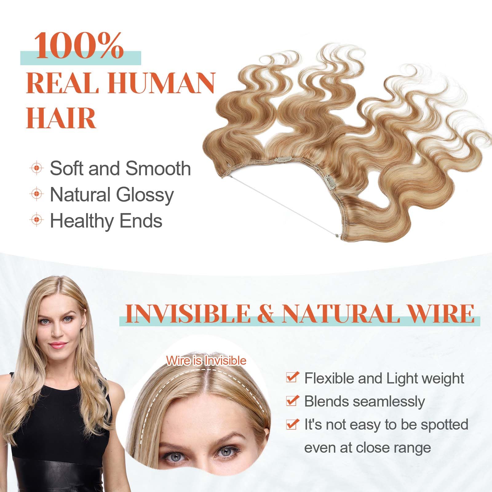 Benehair 100% Real Human Hair Halo Extensions - 20 Inch Wavy Blonde Hair Extensions (Ash Blonde & Bleach Blonde, 70g) for Weddings, Parties & Daily Styling
