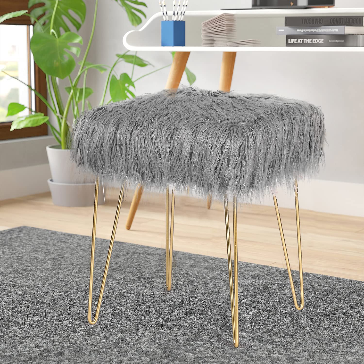 Joveco Square Fur Ottoman Footrest with Metal Legs - Elegant Grey Footstool for Bedroom, Living Room | Perfect for Reading Nook, Lounge Chair Companion & Home Decor Accent