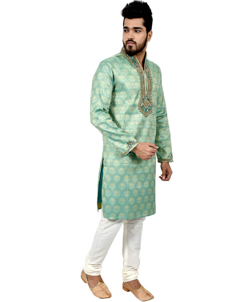 Exquisite Aquamarine Kurta with Brocade Silk Chudidaar - Elegant Indian Ethnic Wear for Weddings & Festive Occasions