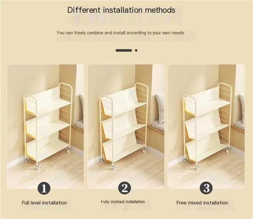 Versatile Rolling Book Cart with Wheels - 2-Tier Removable Iron Art Display Shelf for Books & Home Decor | Portable Mobile Bookshelf for Living Room, Office, Classroom & Library Organization (Beige)