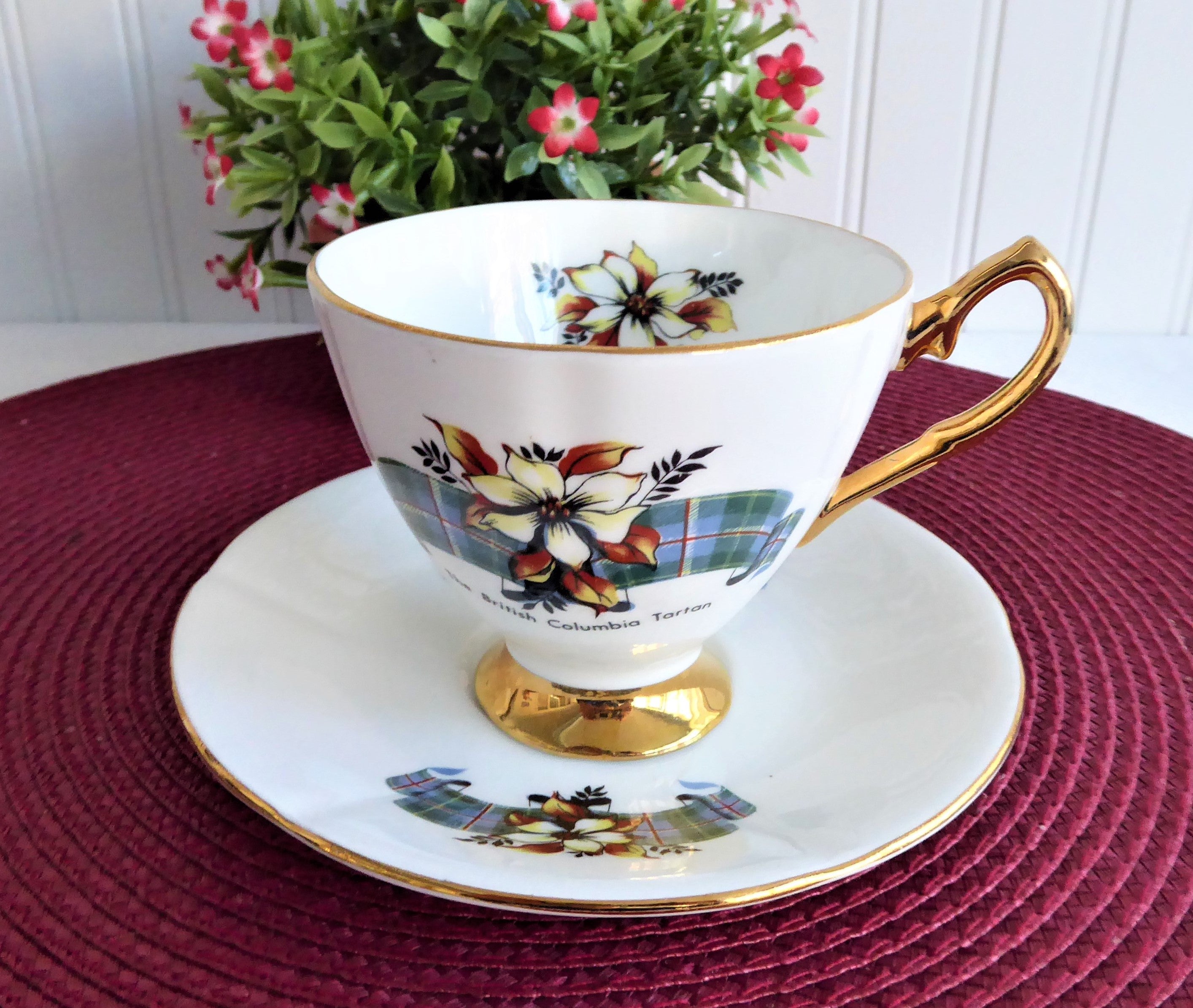 Vintage 1950s British Columbia Tartan Cup and Saucer Set - Canadian Souvenir Bone China Tea Cup for Afternoon Tea, Collectible Home Decor & Scottish Heritage Gift