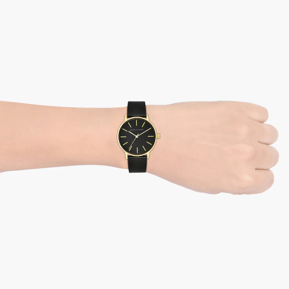 ARMANI EXCHANGE AX5548 Women's Watch - Gold Stainless Steel Case with Black Mesh Strap, Analog Quartz Movement | Perfect for Office, Evening Events & Everyday Wear