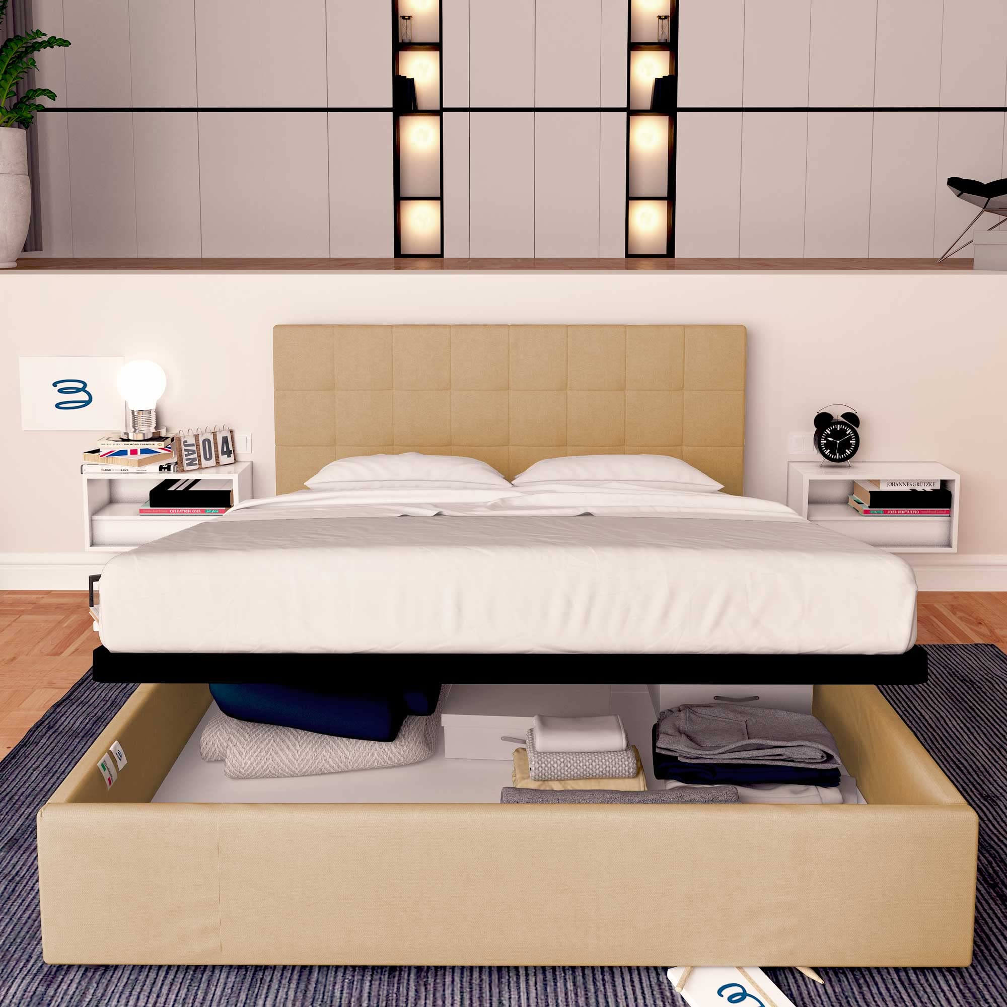 Baldiflex Single Bed with Storage, Dublin Model, Synthetic Leather, Slatted Base, for Single Mattresses, 80 x 190 cm, Elegant Headboard, Beige Color - Perfect for Small Bedrooms, Guest Rooms & Studio Apartments