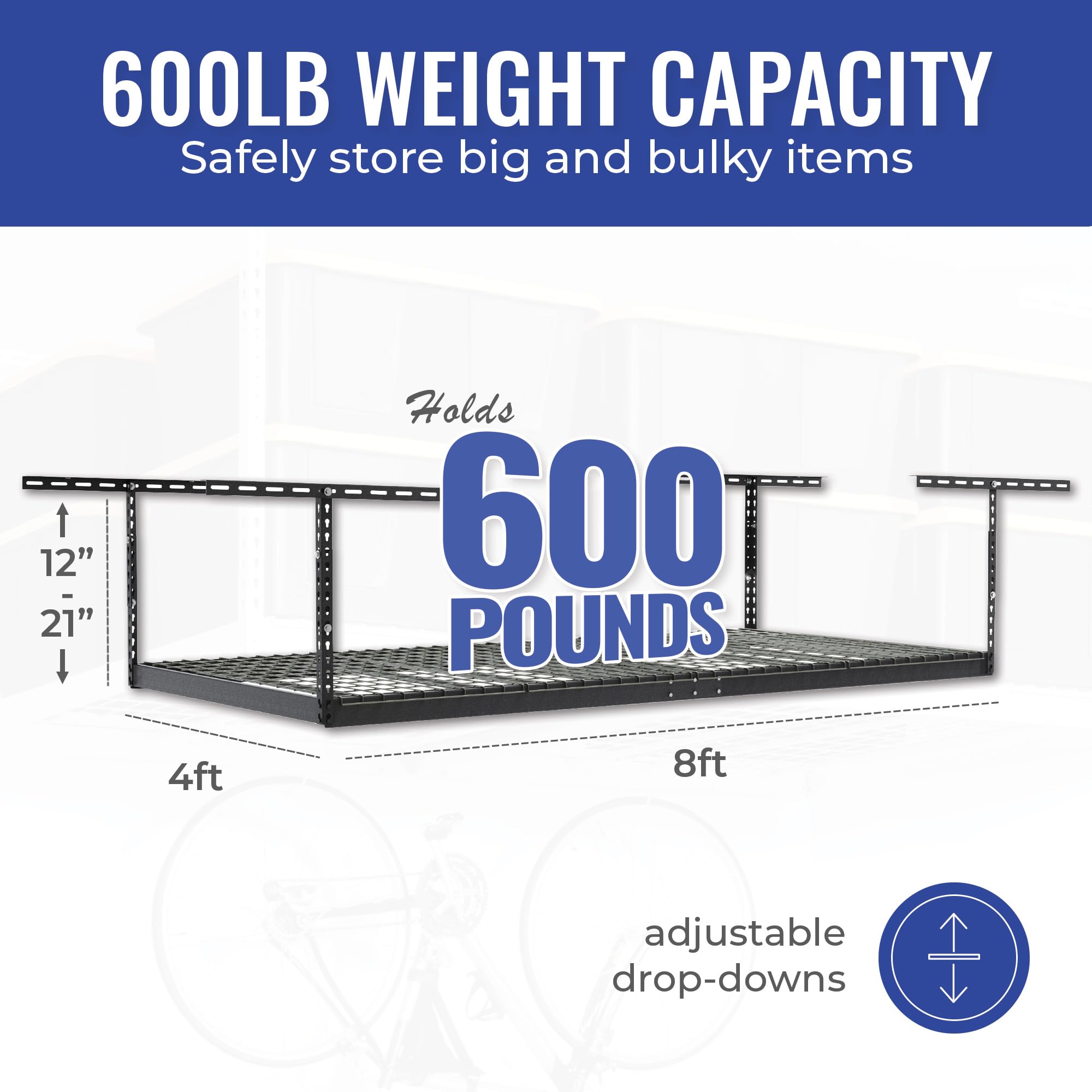 Heavy Duty Overhead Garage Storage Rack 600 lb Capacity - Adjustable Ceiling Mount Organizer 4x8 Hammertone (12