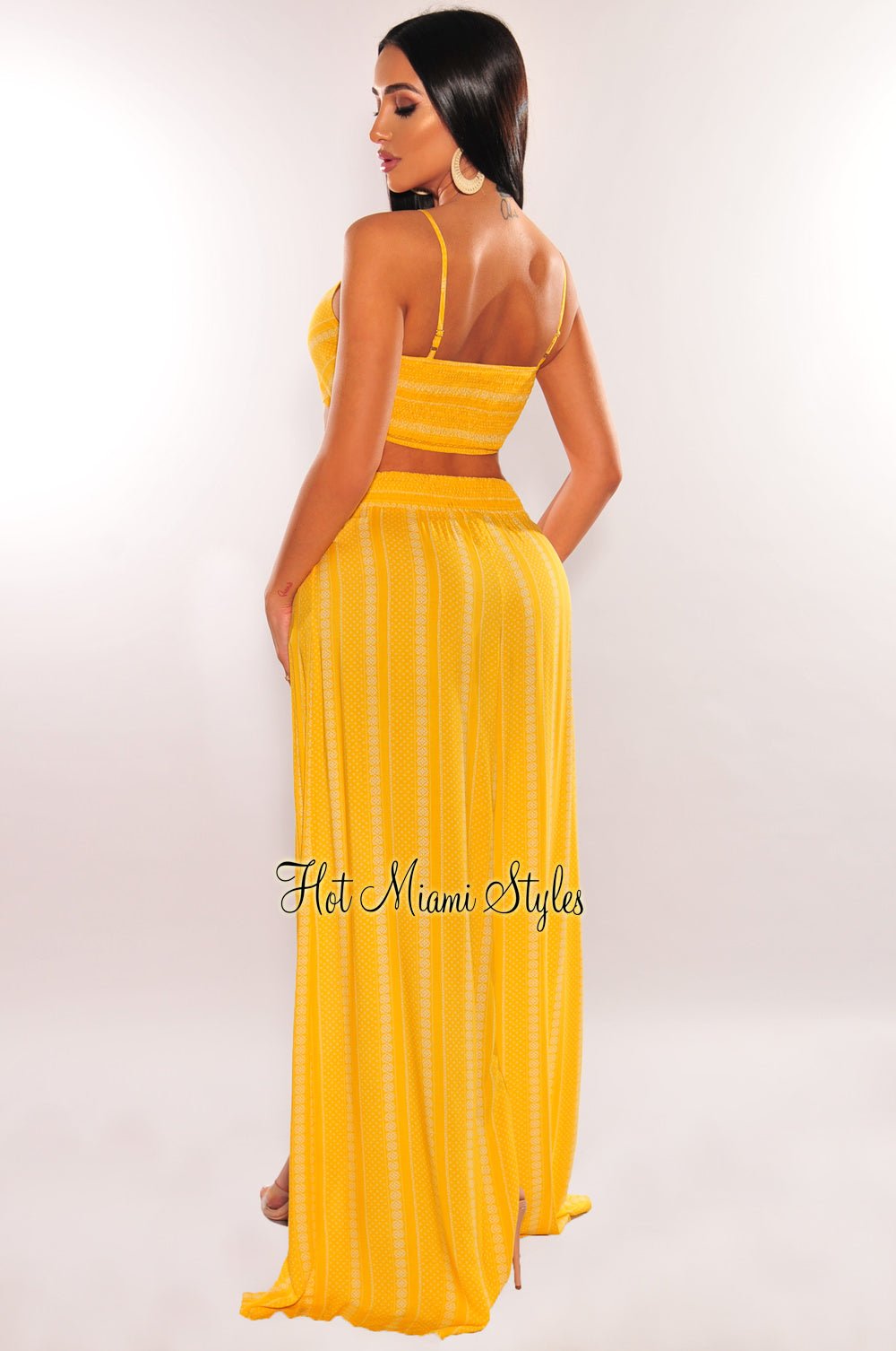 Trendy Yellow & White Striped Spaghetti Strap Tie-Up Two Piece Set with Double Slit Pants | Summer Outfits for Women | Perfect for Beach Vacations, Music Festivals & Date Nights