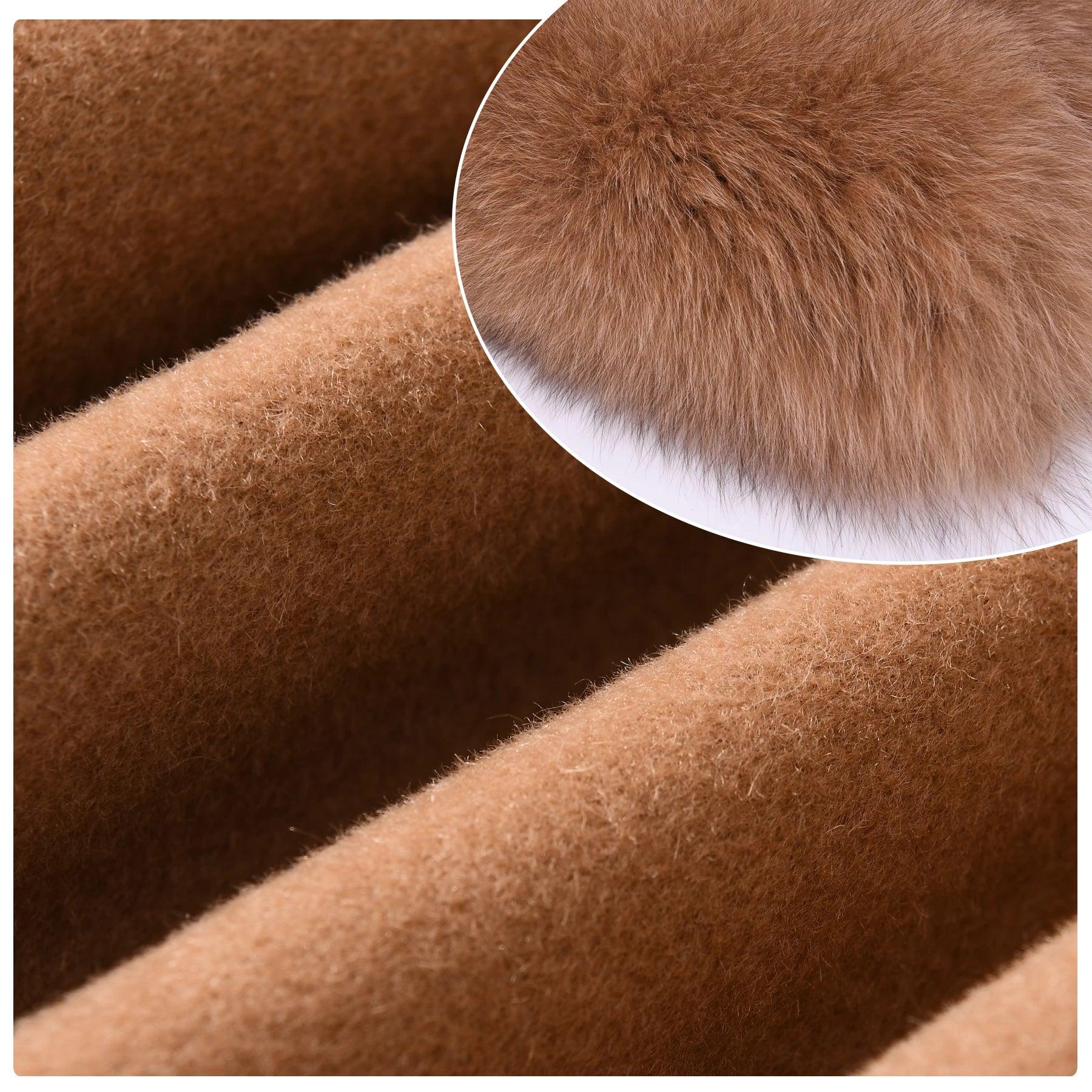 Luxury Women's Cashmere Wool Coat with Real Fur Collar - Winter Cropped Jacket, Full Sleeves & Pockets - Streetwear Outerwear for Cold Weather & Fashion Outings