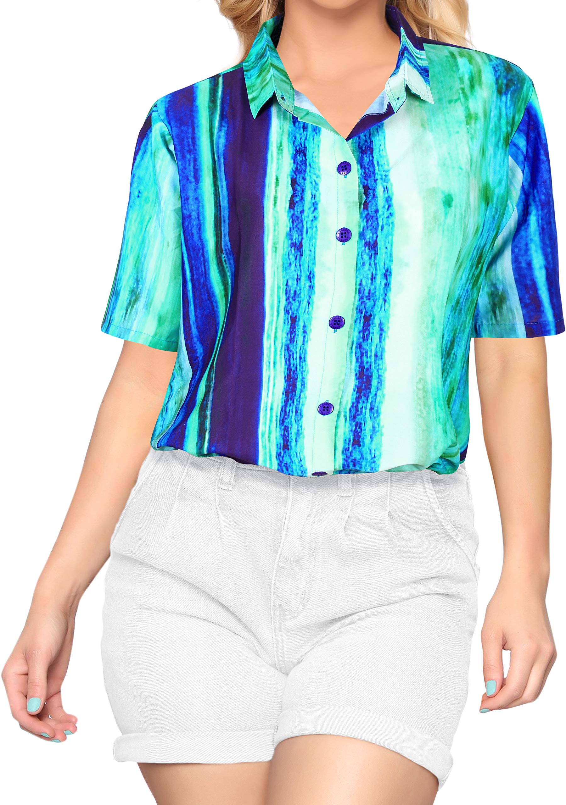Happy Bay Women's Short Sleeve Hawaiian Shirt - Tropical Floral Print Beach Blouse for Vacation, Summer Outfits & Casual Wear