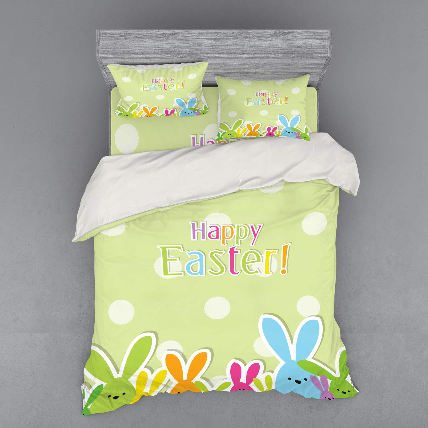 Ambesonne Easter Duvet Cover Set - Pale Polka Dot Background with Colorful Cartoon Bunnies, 4-Piece Queen Size Bedding Set with Shams & Fitted Sheet, Abstract Animal Design - Perfect for Spring Decor, Kids' Rooms & Holiday Themed Bedrooms