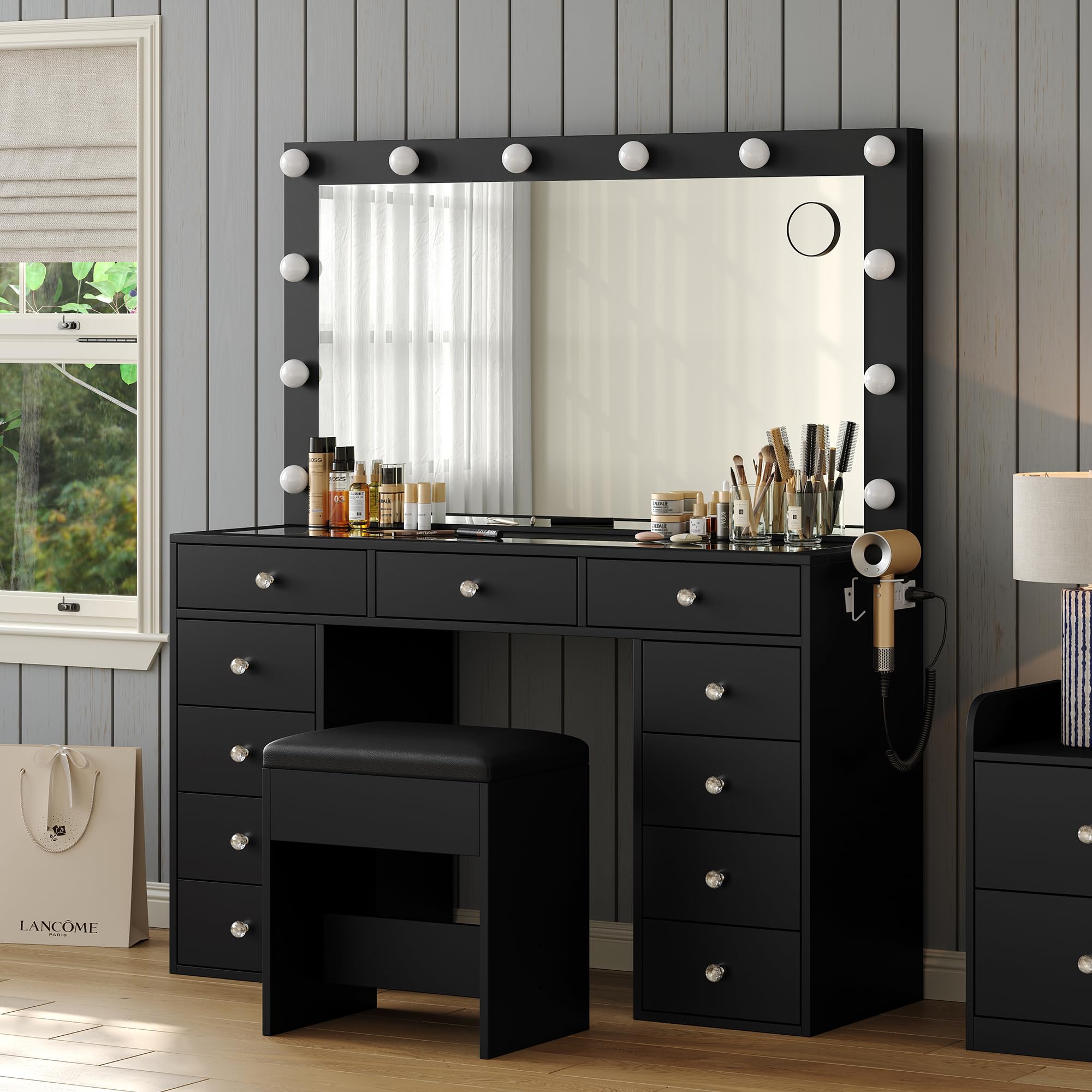 Vanity Desk with Power Outlet & 12 LED Lights - Makeup Vanity Table with Mirror, 3 Lighting Modes, 11 Drawers & Chair - Glass Top Dressing Table for Bedroom, Dressing Room (Black) | Perfect for Makeup Application, Skincare Routine & Home Salon Setup