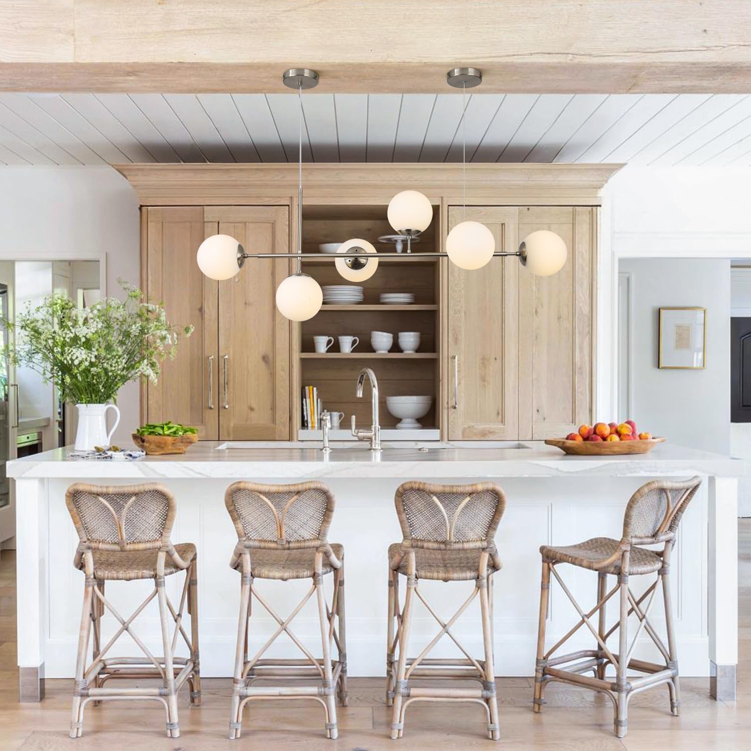 KCO Modern Mid-Century Glass Sputnik Pendant Light - Adjustable 6-Light LED Chandelier for Kitchen Island, Dining Room & Living Room (Silver/White) - Perfect for Contemporary Home Lighting & Interior Decor