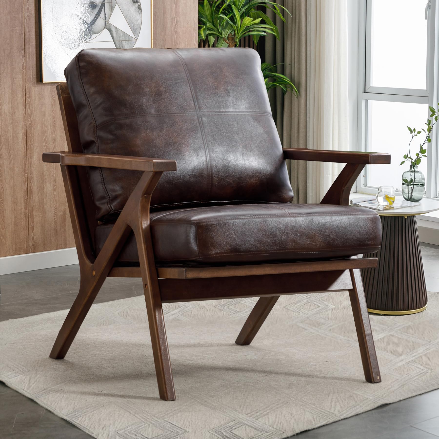 Bonzy Home PU Leather Small Accent Chair - Mid Century Modern Comfy Armchair with Solid Wood Frame & Removable Cushions - Retro Leisure Reading Chair for Living Room, Bedroom, Office & Dorm - Perfect for Relaxing, Reading & Decorating