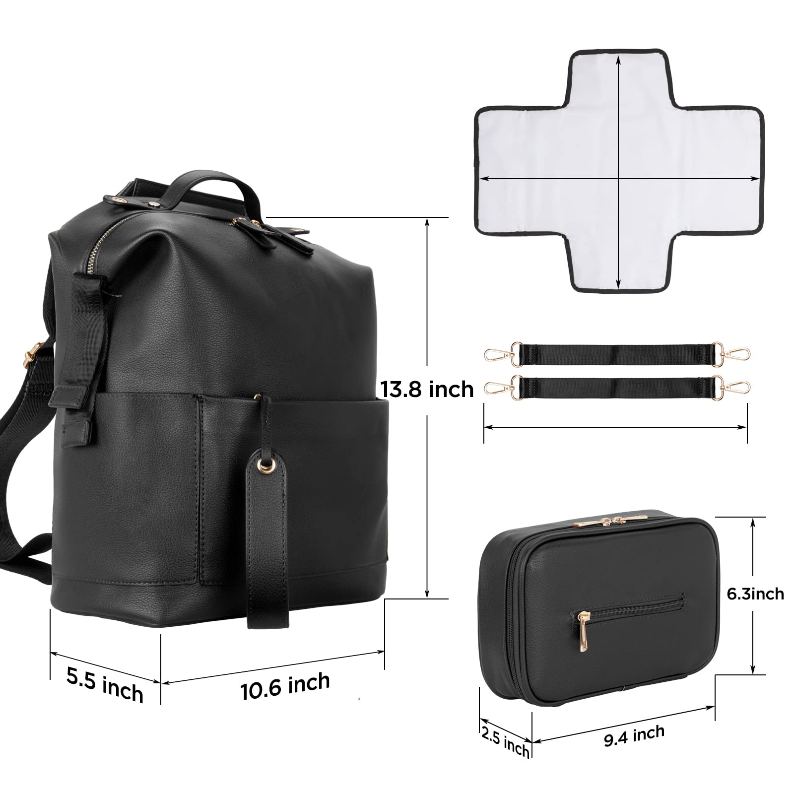Minsong Fashion Leather Diaper Backpack with Changing Station - Waterproof Baby Bag Organizer for Travel, Hospital & Daily Use - Perfect Diaper Bag for Moms & Dads (Black)