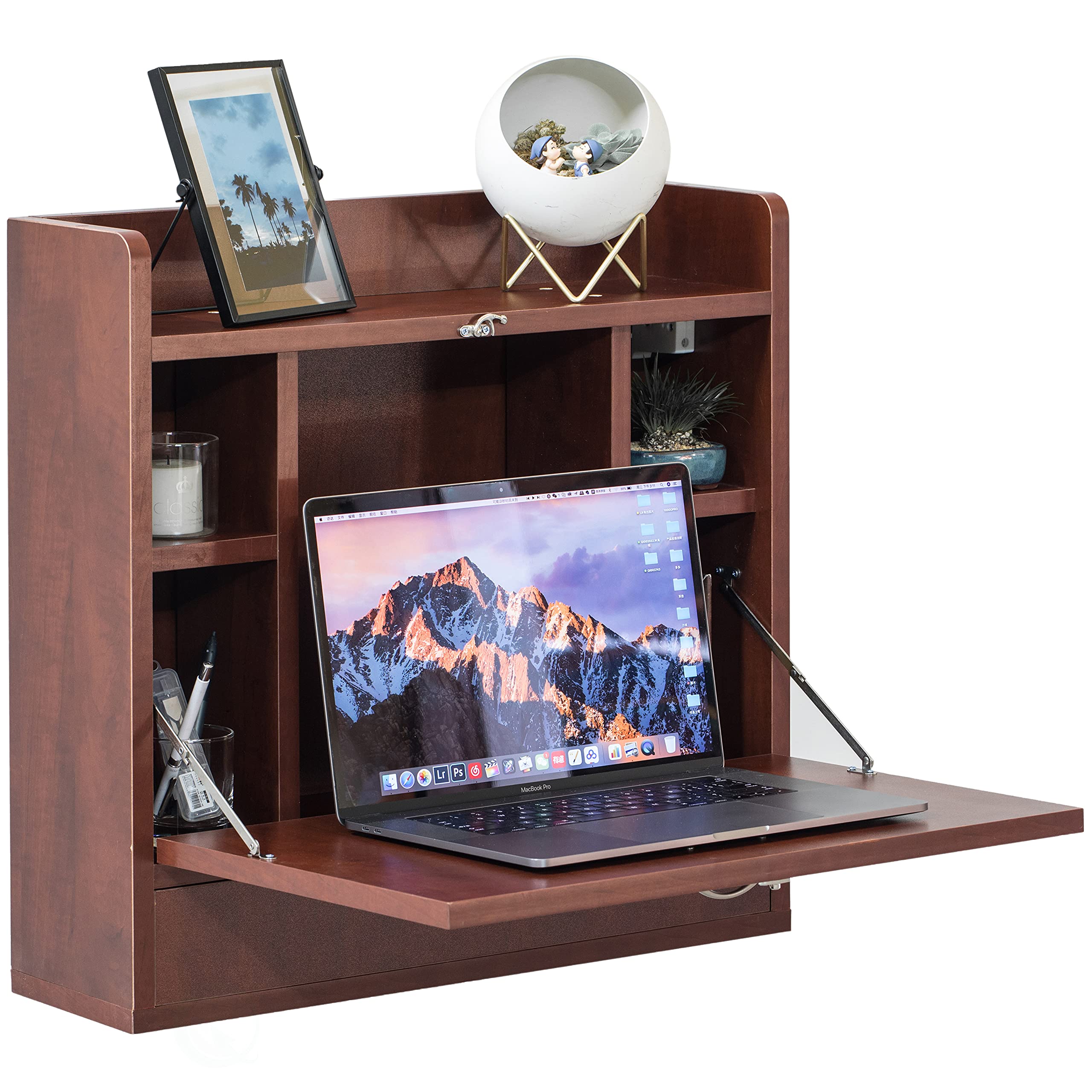 Basicwise Wall Mount Folding Desk for Laptop, Writing & Makeup - Space Saving Computer Desk with Storage Shelves & Drawer in Cherry Finish - Perfect for Small Apartments, Home Offices & Dorm Rooms