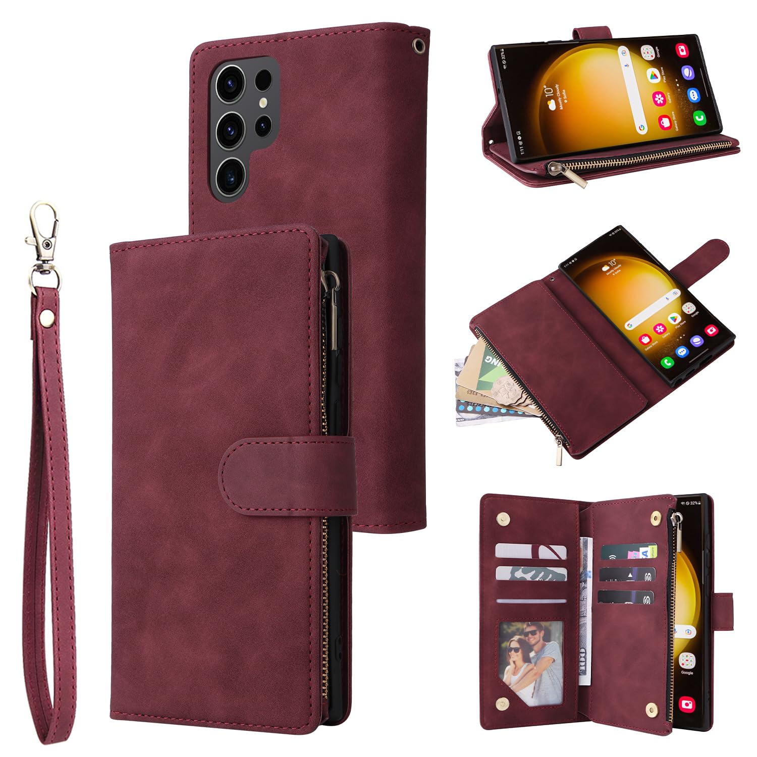 QLTYPRI Samsung Galaxy S24 Ultra 5G Wallet Case - Genuine Leather Flip Cover with 6 Card Slots, Zippered Coin Pocket, Kickstand & Wrist Strap - Protective Phone Case for Business & Travel Use
