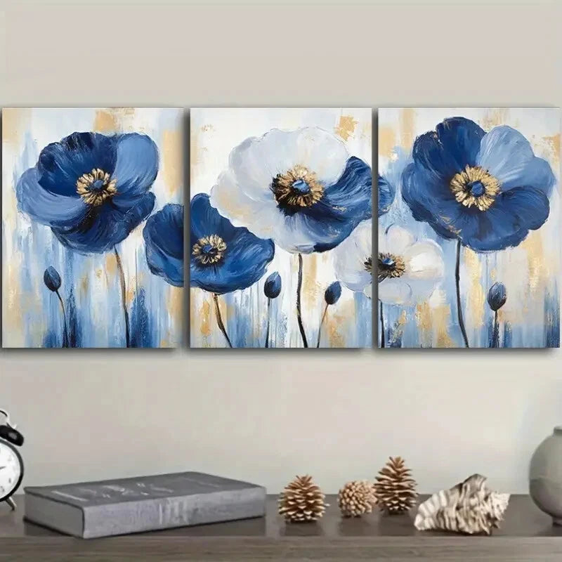 3-Piece Abstract Blue Poppies Metal Wall Art - Ready to Hang Canvas Prints for Living Room, Bedroom & Office Decor