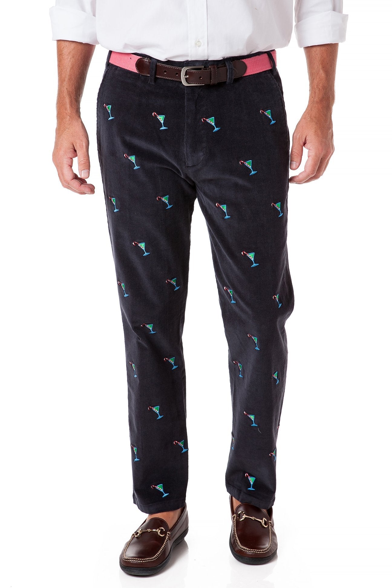 Beachcomber Corduroy Pants for Men - Nantucket Navy with Martini Candy Cane Stripe | Comfortable Casual Wear for Beach, Office & Holiday Parties