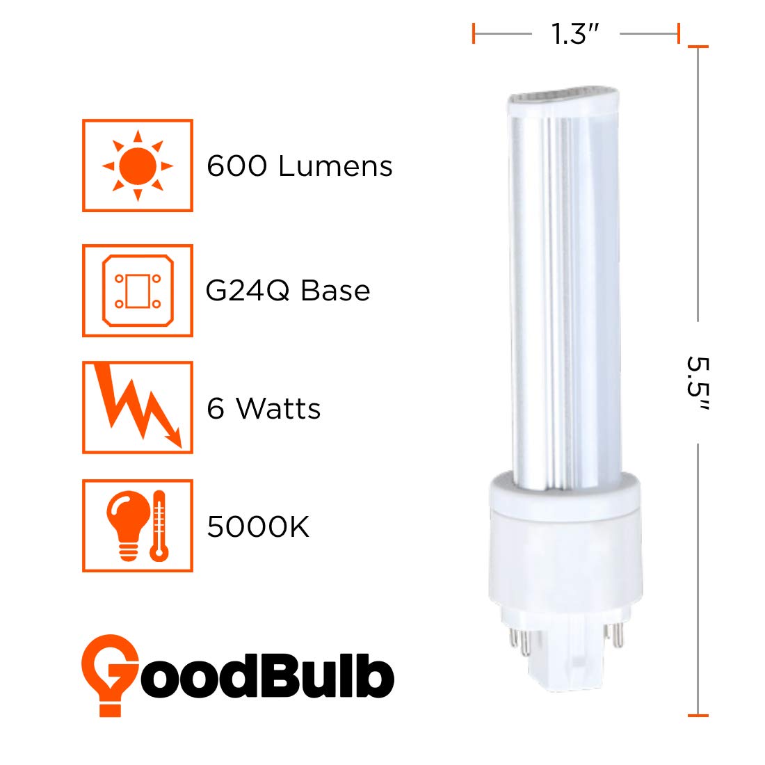 GoodBulb 9W LED Plug-in Light Bulbs - 6W Type B 4 Pin G24Q Base 5000K Daylight - 600 Lumens High Output - 120° Beam Angle - 10 Pack - Perfect for Commercial Lighting, Office Spaces, and Retail Environments