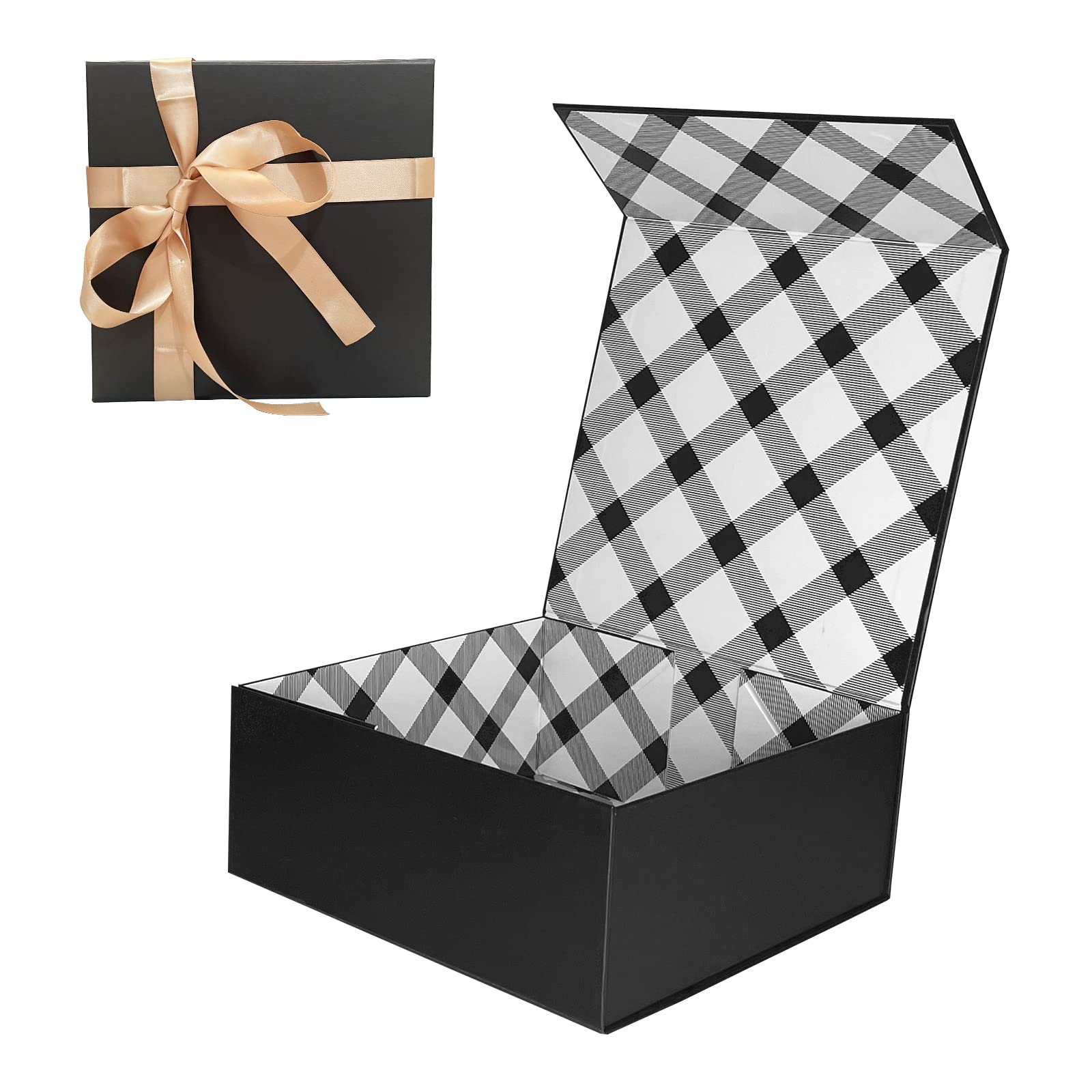 Premium Black Magnetic Gift Box with Lid - Elegant Square Present Box with Ribbon for Wedding, Bridesmaid Proposal & Birthday Gifts | Luxury Plaid Lining, Foldable Empty Packaging | Perfect for Jewelry, Cosmetics & Special Occasion Gifting