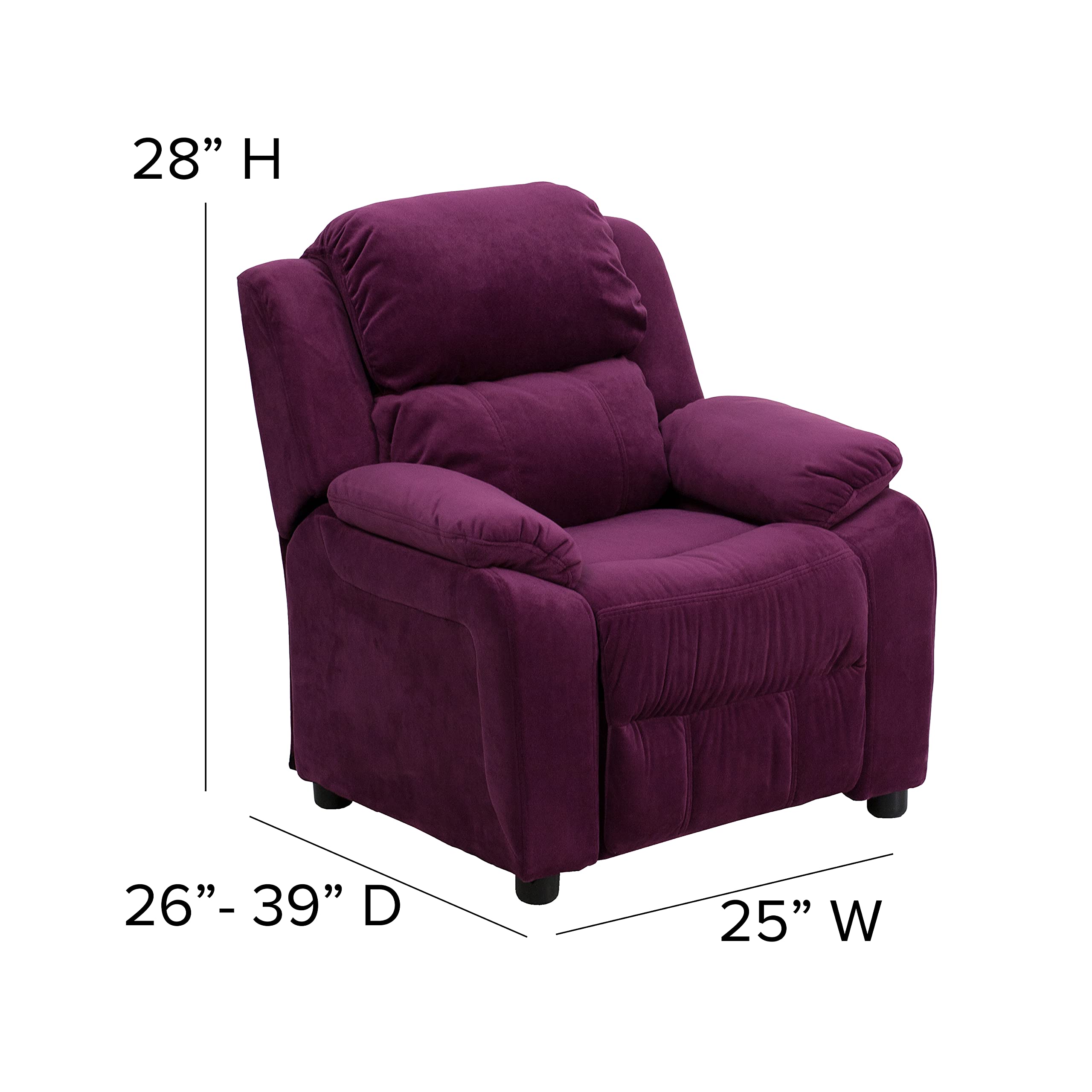 Emma & Oliver Deluxe Purple Microfiber Kids Recliner Chair with Storage Pockets - Soft Padded Armrests for Children's Room, Playroom or Bedroom - Perfect for Reading, Watching TV and Relaxing