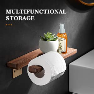 Solid Wood Toilet Paper Holder with Shelf - Brushed Brass Wall Mount Double Roll Storage for Bathroom & Washroom | Bathroom Organization & Space-Saving Solution