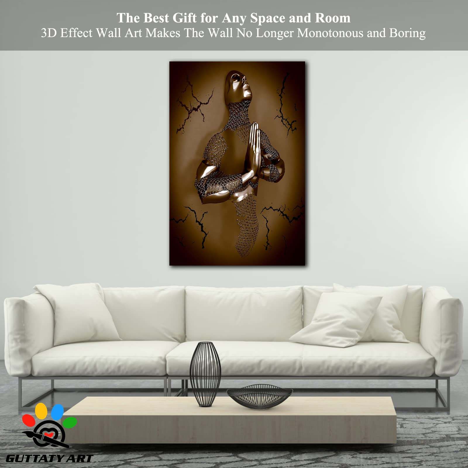 3D Metal Effect Love Heart Gray Canvas Wall Art - 28x40 Inches, Brown Yoga Pose Wall Decor for Living Room & Bedroom, Romantic Valentine's Day Gift for Couples | Perfect for Home Decor, Wedding Anniversary Present & Meditation Space Enhancement