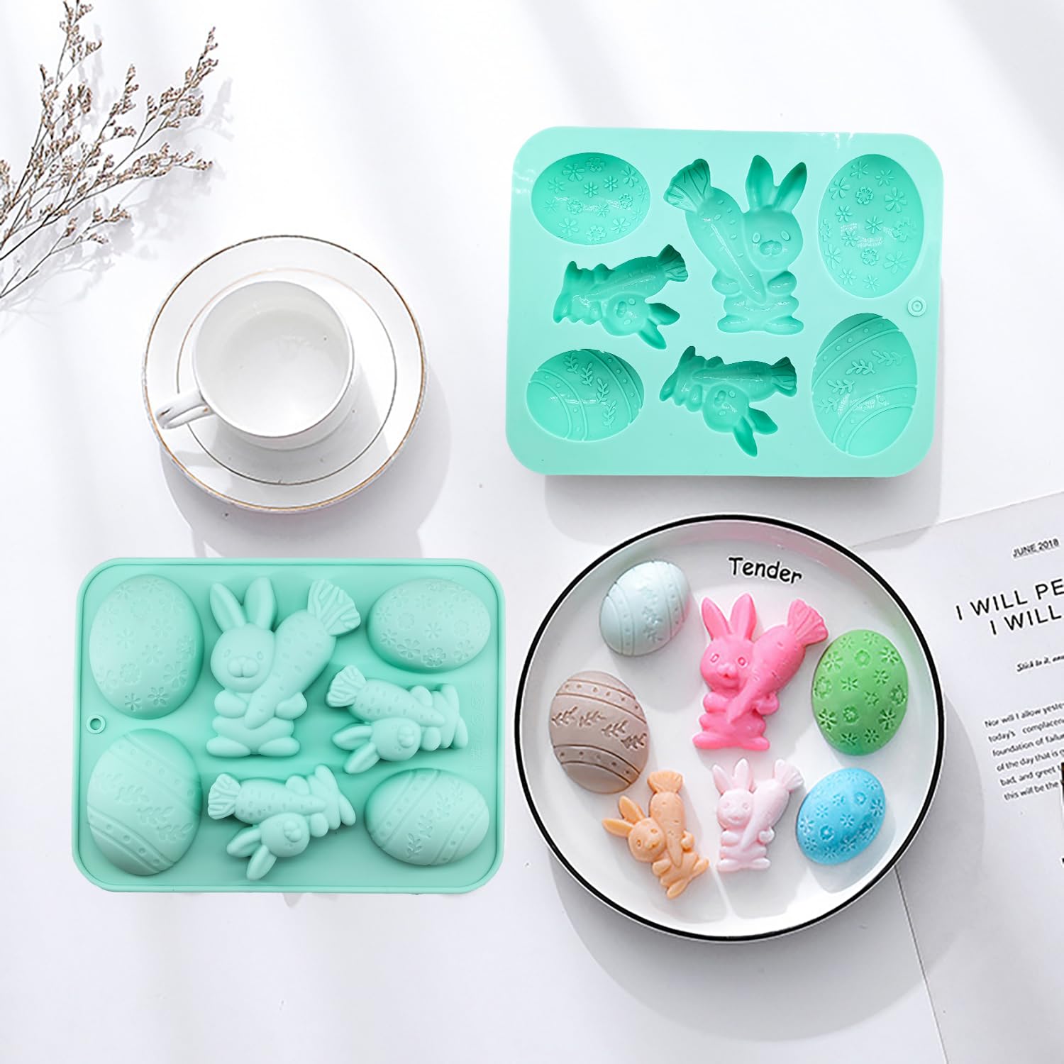 Easter Egg and Bunny Chocolate Molds - 2 Pack Non-Stick Silicone Easter Molds for DIY Chocolate, Candy, Muffins, Soap & Cake Decorating - Perfect for Easter Crafts, Holiday Baking and Party Treats