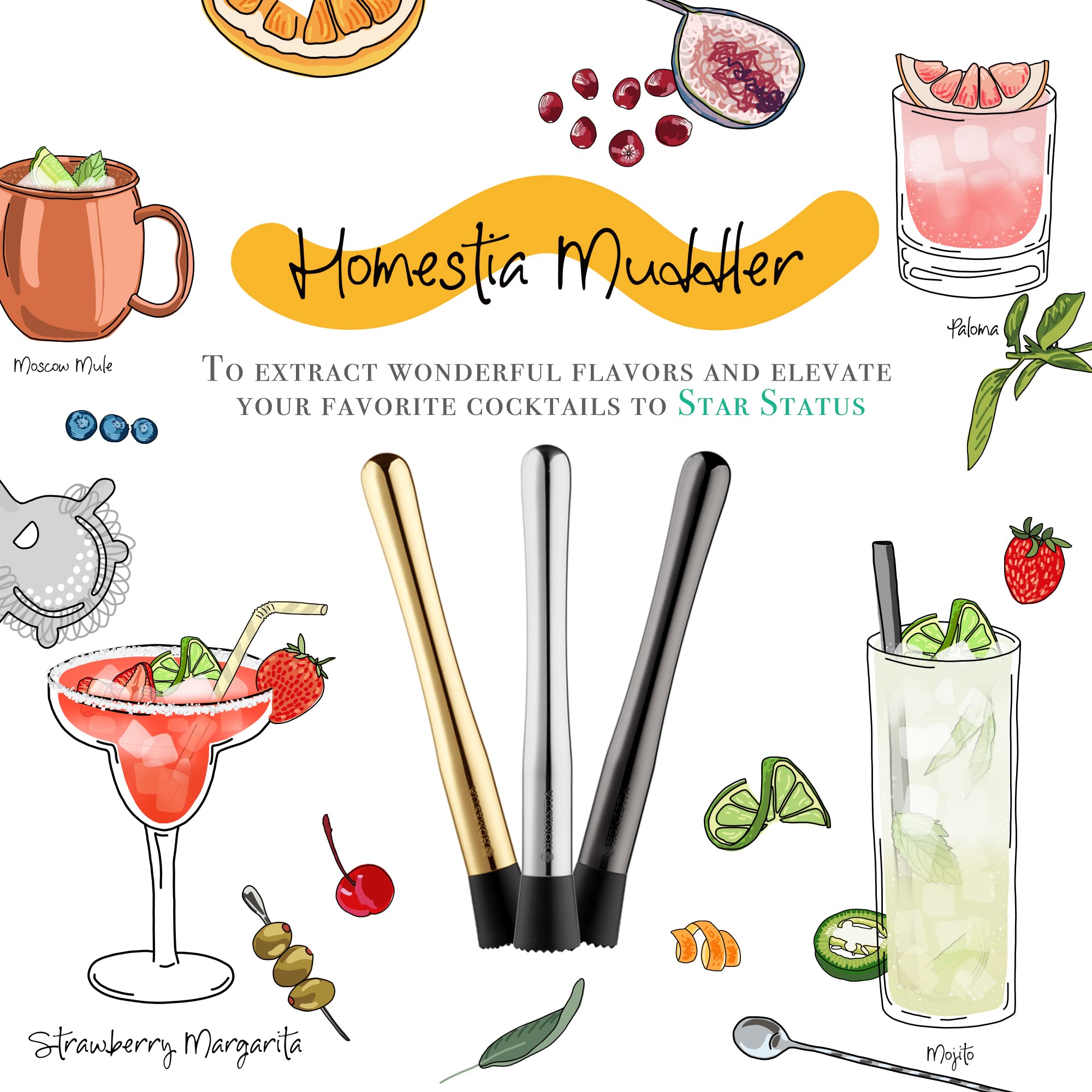 Premium 10-Inch Stainless Steel Cocktail Muddler - 304 Grade Bar Tool for Mojitos, Old Fashioned & Fruit Drinks | Durable Home Bar Essential for Mixologists & Entertaining | Perfect for Home Bars, Parties & Professional Bartending