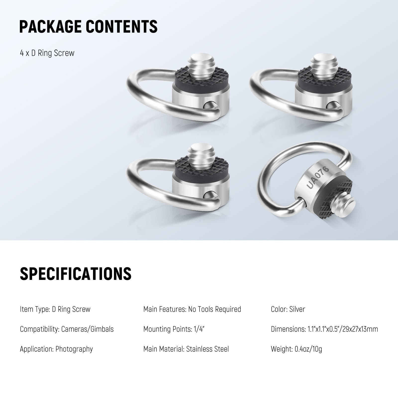 NEEWER UA076 1/4 Inch Stainless Steel D-Ring Screw Set (4 Pack) - Heavy Duty Hardware for Photography Equipment, Camera Straps, and DIY Projects