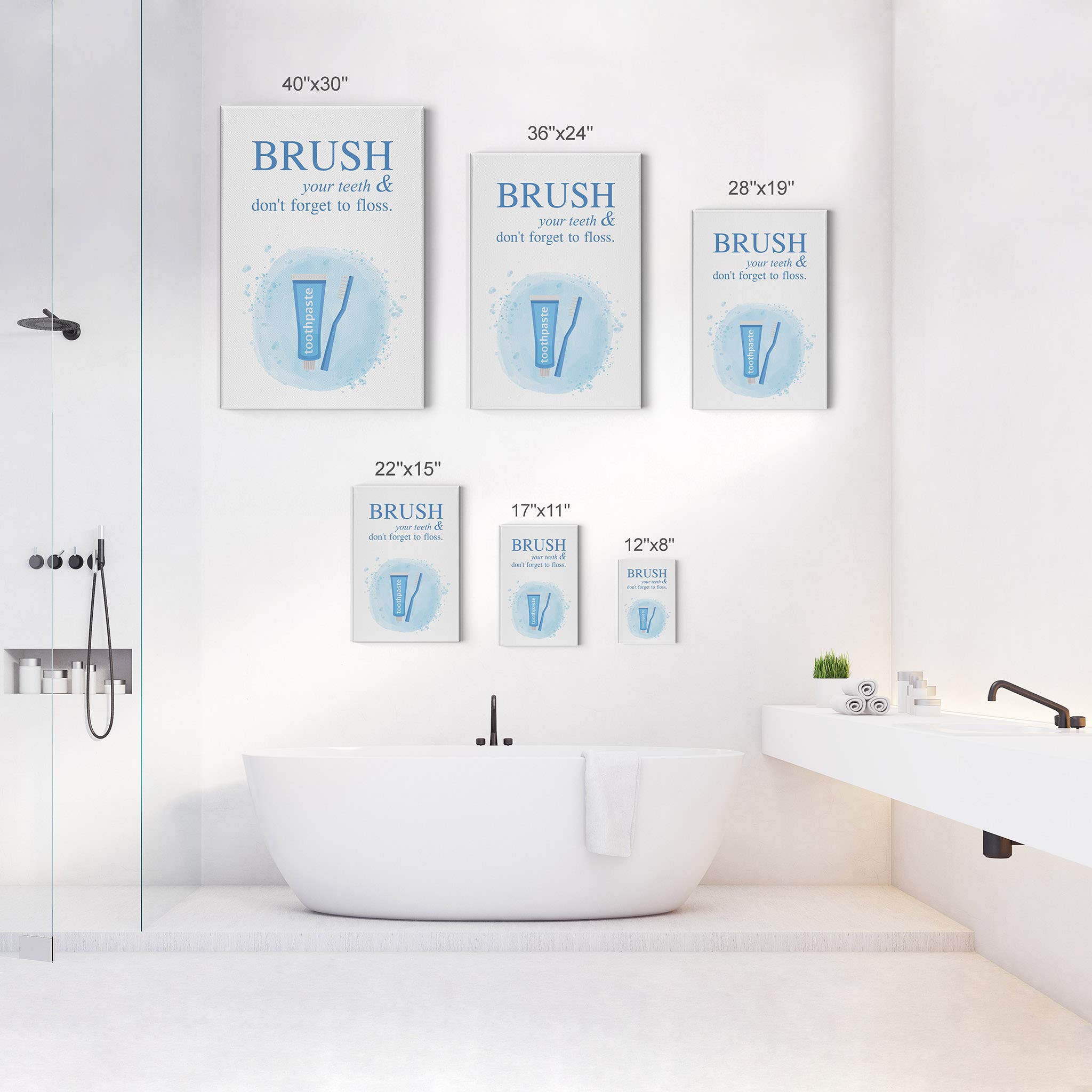 Smile Art Design 'Brush Your Teeth & Don't Forget to Floss' Funny Bathroom Canvas Print - 40x30 Inch Ready to Hang Wall Decor for Kids Bathroom, Nursery & Home - Made in USA | Perfect for Dental Hygiene Reminder & Bathroom Wall Art