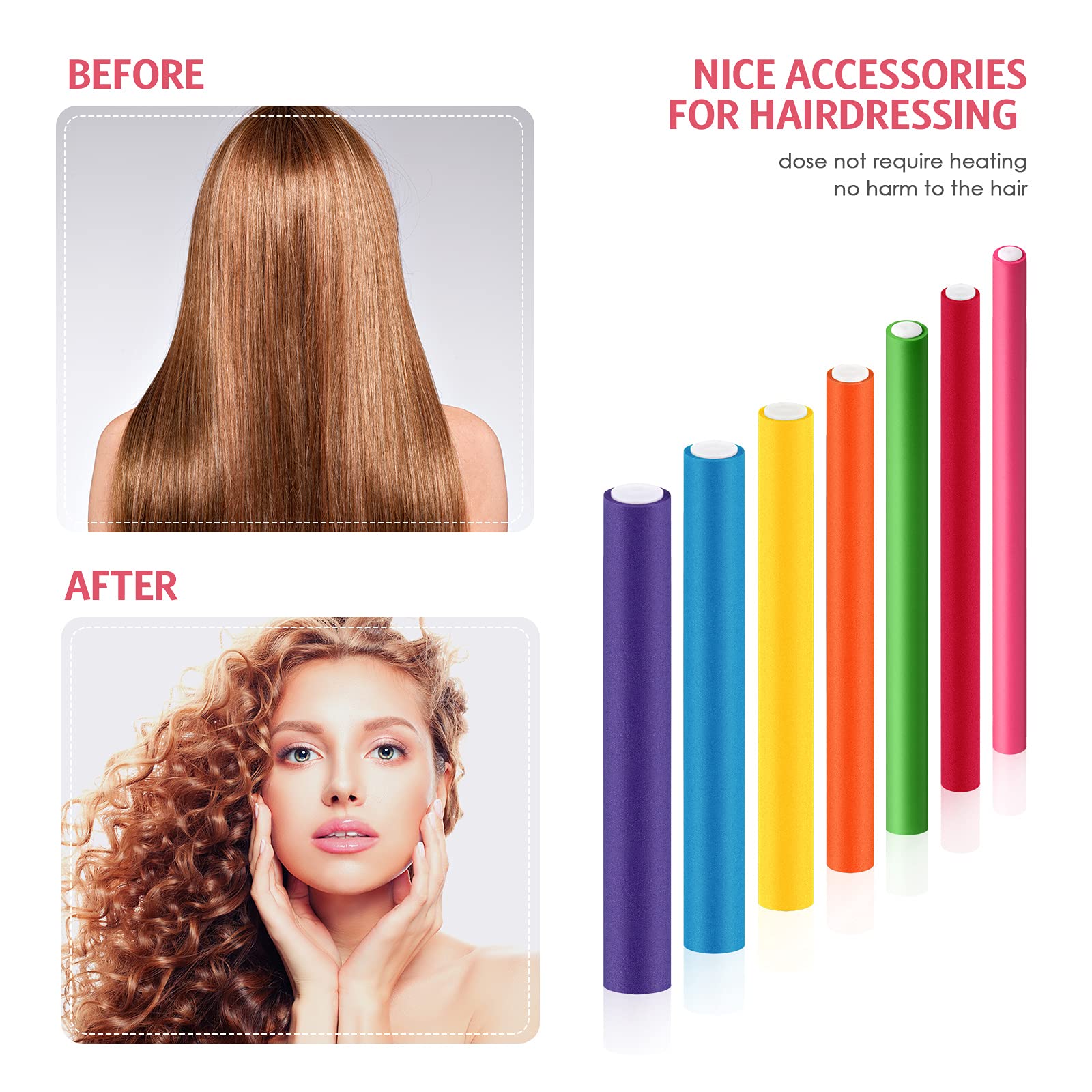 42 Pcs Flexible Hair Curling Rods & Rollers - No Heat Curler Set with Rat Tail Comb & Edge Brush for Women - Perfect for Salon, Home Styling & Natural Hair Care (7 Sizes)