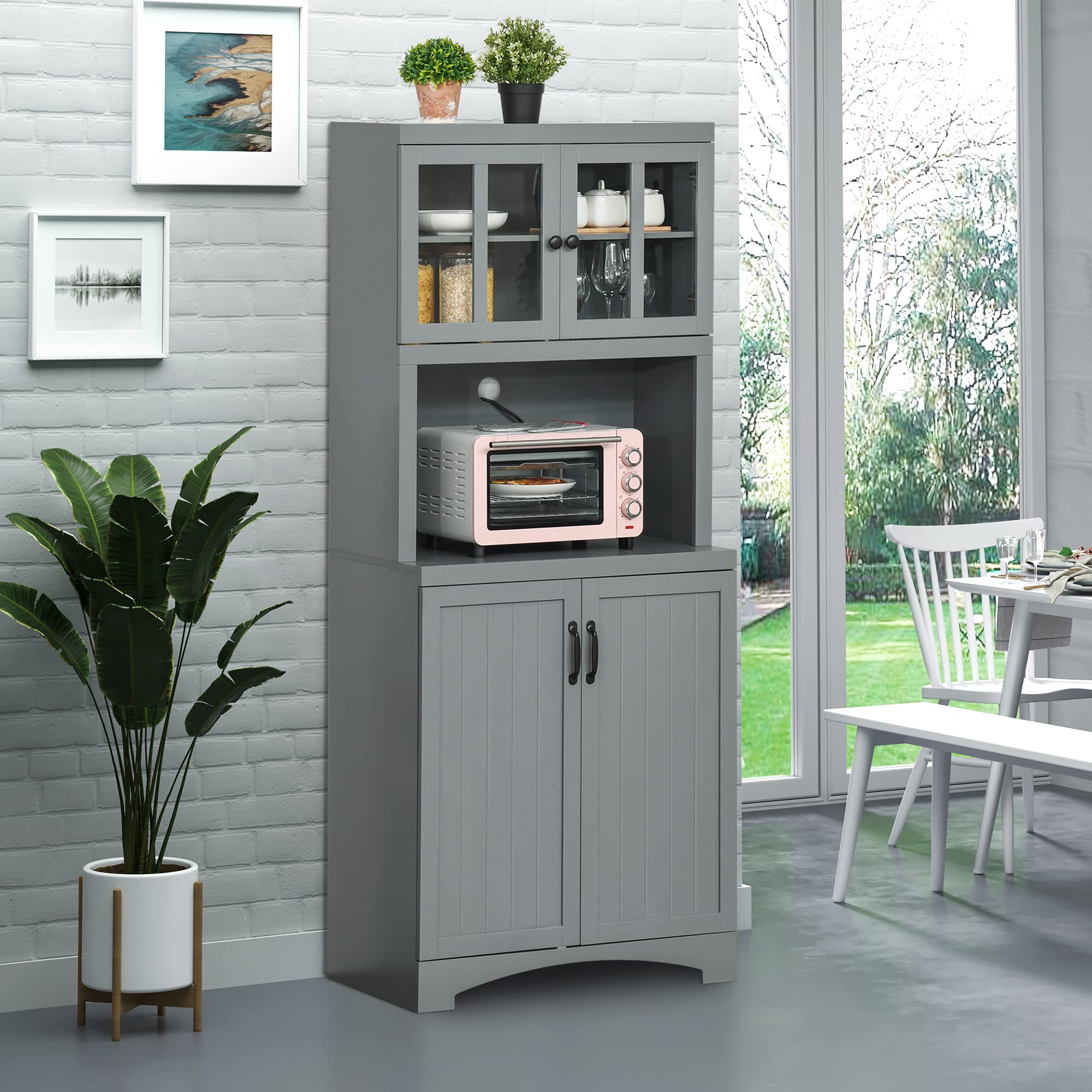HOMCOM Kitchen Hutch with Glass Doors, Pantry Cabinet with Adjustable Shelves & Microwave Space - Gray Storage Organizer for Dining Room & Kitchen | Perfect for Small Spaces & Home Organization