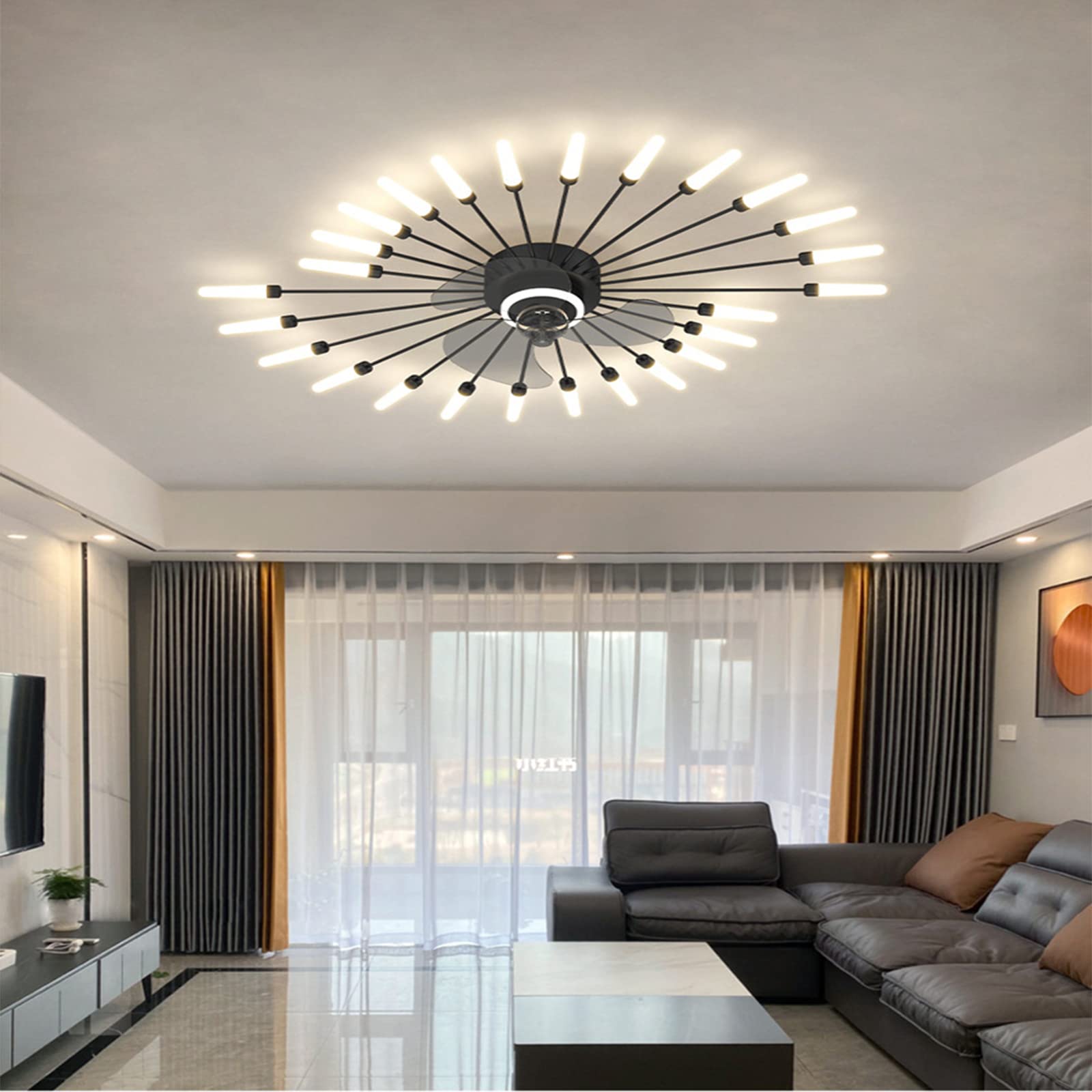 Ultra-Thin Recessed Ceiling Fan with LED Light & Remote Control - Bladeless Design in Gold - Perfect for Living Room, Bedroom & Study Room - HCHKMMI Fireworks Fan Light