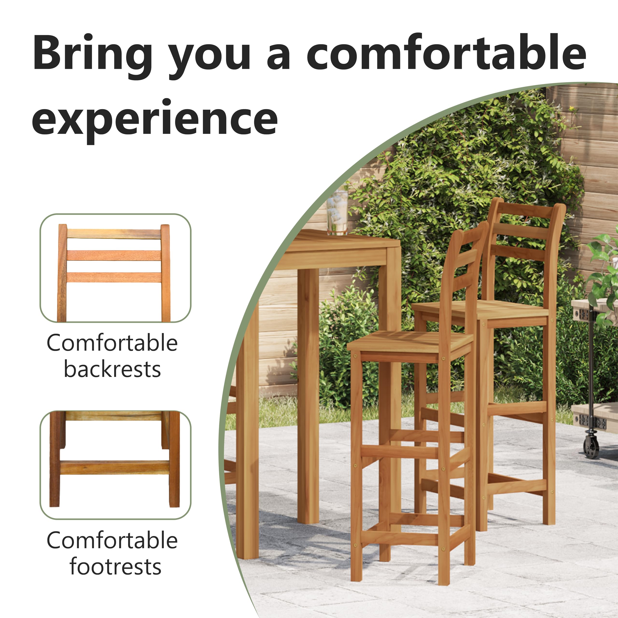 Set of 4 Solid Acacia Wood Bar Stools with Backrest & Footrest - 14.2