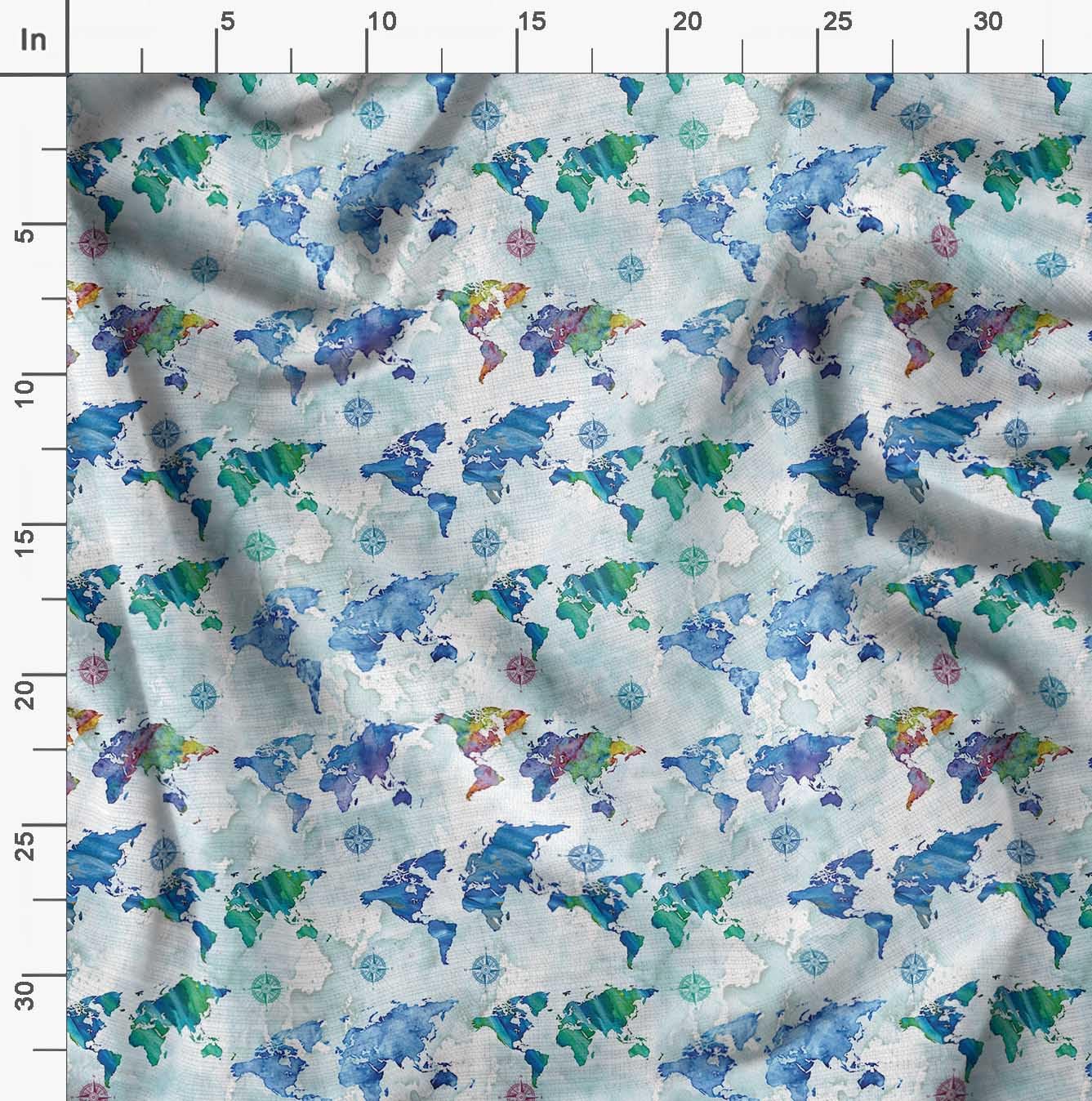 Soimoi 100% Cotton Voile Fabric - White Printed with Compass & World Map Design - 42 Inch Wide by The Yard - Perfect for Nautical Fashion, DIY Home Decor, Quilting, and Craft Projects