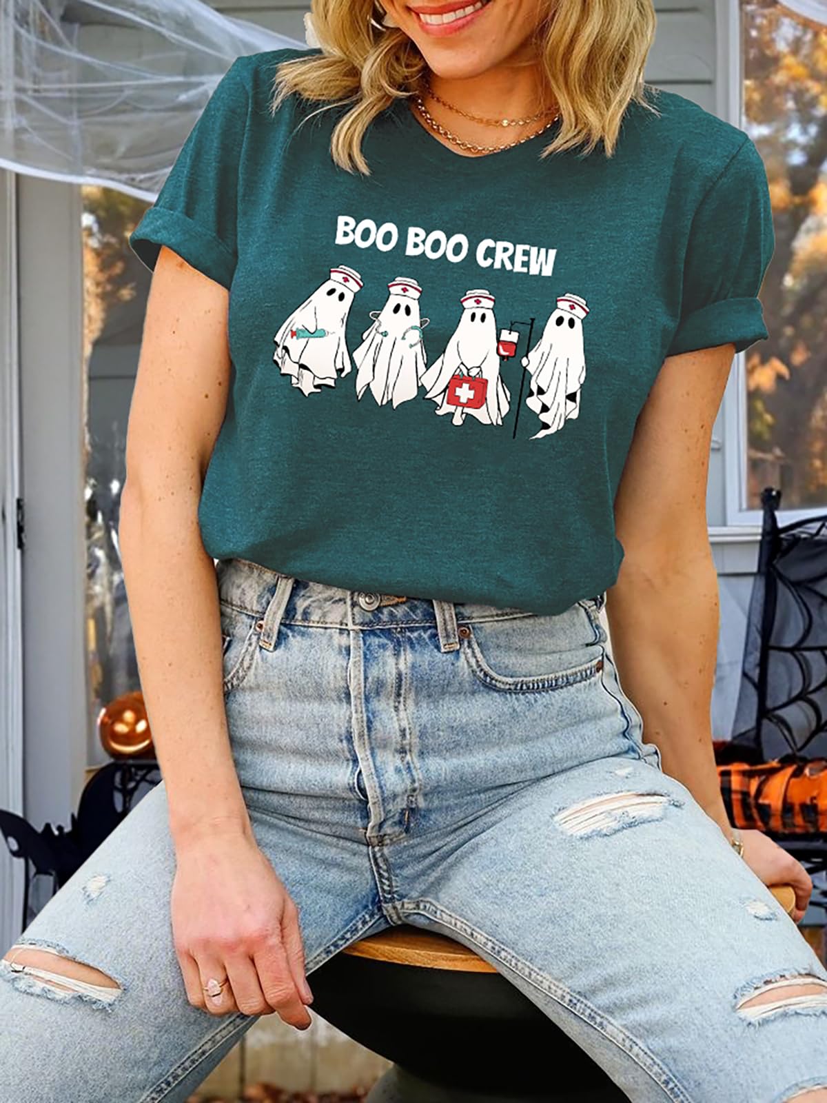 Funny Women's Boo Ghost Halloween T-Shirt - Short Sleeve Graphic Tee for Halloween Costume & Party Outfits | Perfect for Trick-or-Treating, Costume Parties & Spooky Season