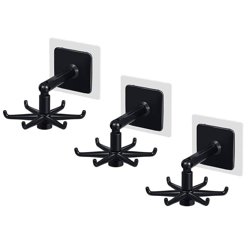 365Home 360° Rotating Folding Wall Mount Kitchen Utensil Holder - Self Adhesive Hooks with 6 Hangers for Spoons, Ladles & Cooking Tools - Space Saving Organizer for Kitchen, Bathroom & Cabinet (Black, 3-Pack) - Perfect for Small Spaces & Clutter-Free Home Organization