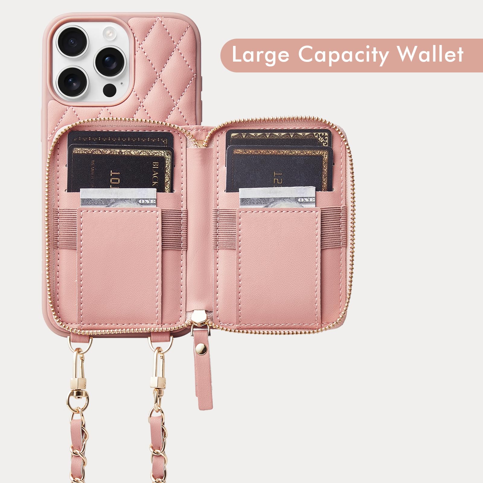 LAMEEKU iPhone 16 Pro Max Wallet Case with Card Holder - Quilted Leather Crossbody Zipper Phone Purse for Women (6.9 Inch, Pink) | Perfect for Shopping, Travel & Everyday Use